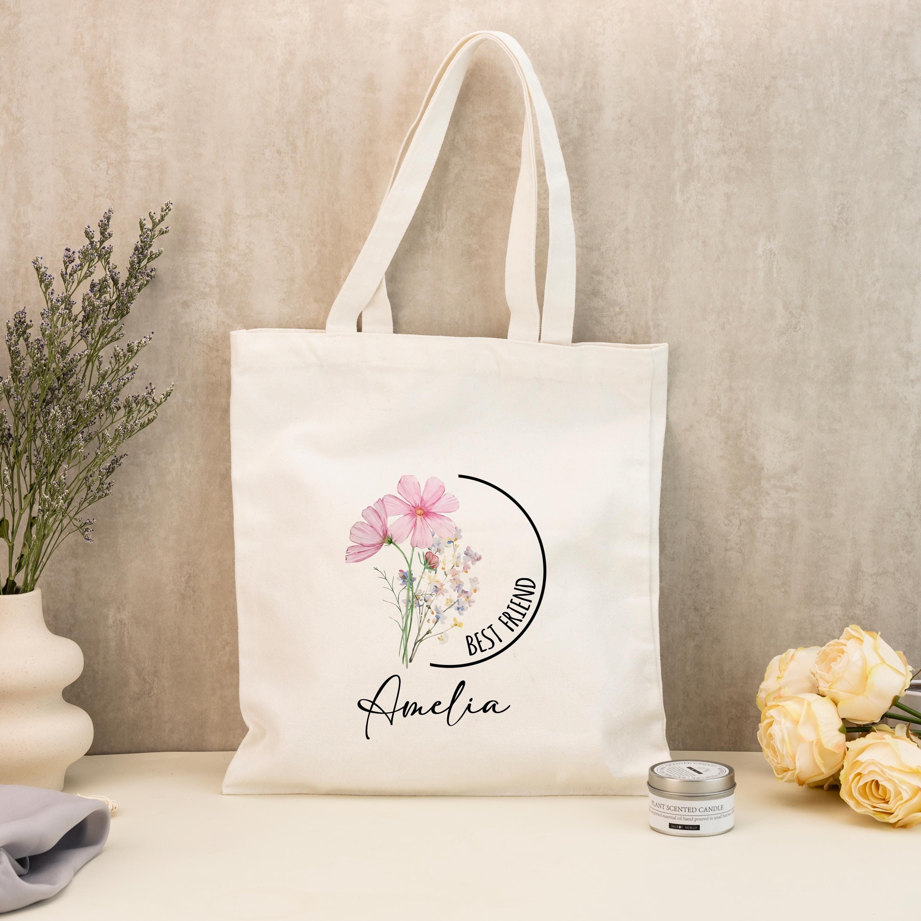 Personalized Monthly Bloom Tote Bag, Custom Birth Flower Canvas Bag, Custom Name Floral Shopper, Birthday Gift, Bridesmaid Gift, Best Friend Gift