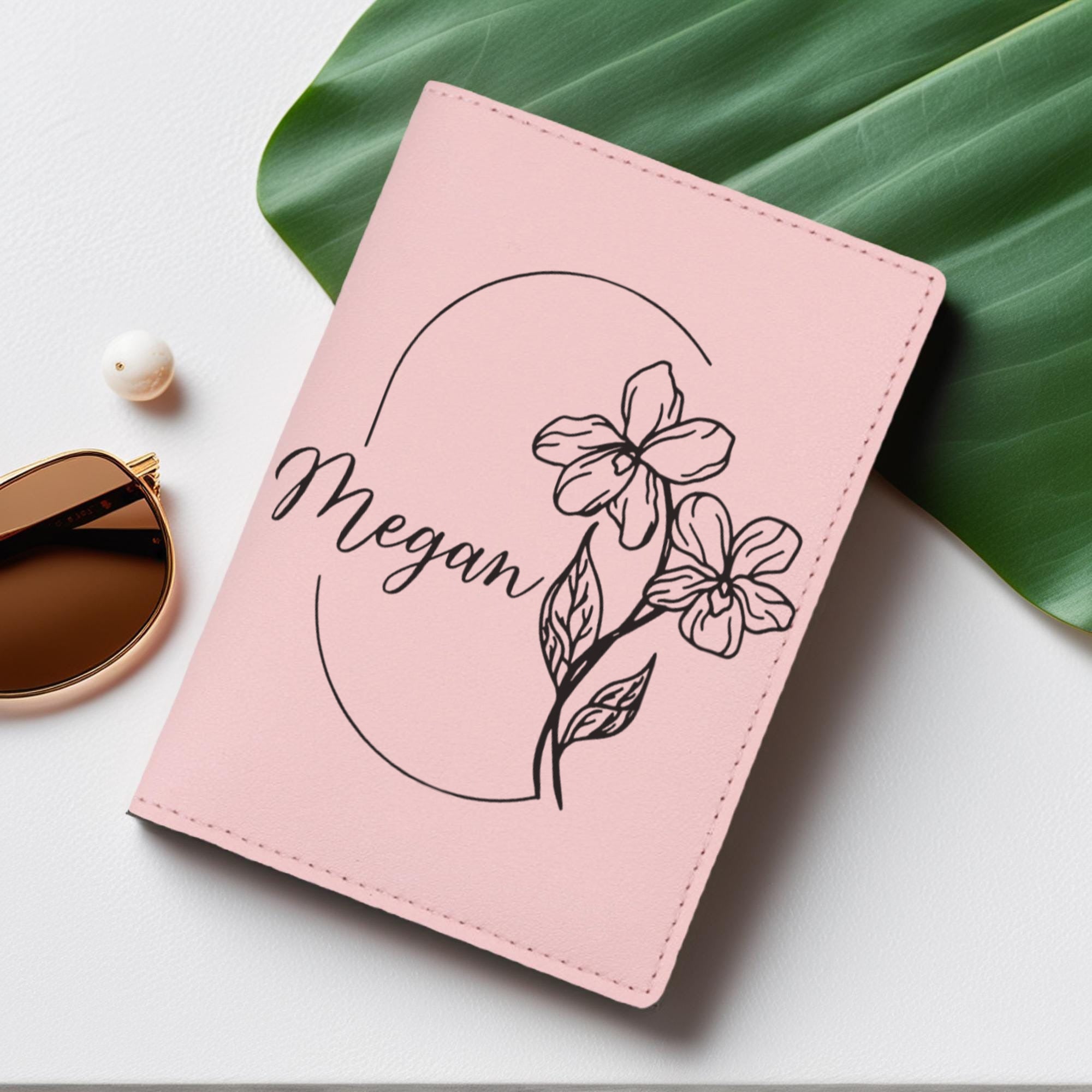 Personalized Leather Passport Cover, Custom Name Monthly Bloom Birth Flower Travel Wallet, Passport Holder Gift for Her
