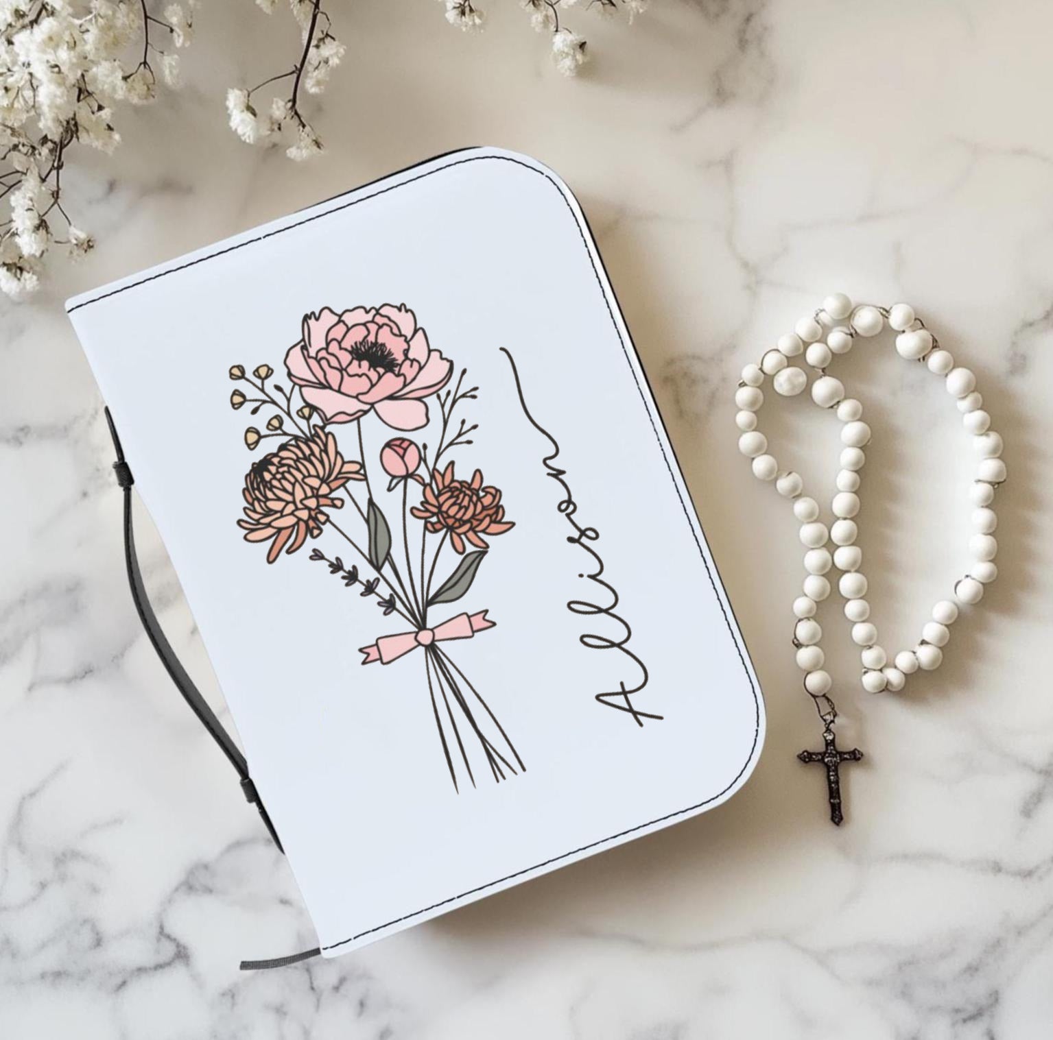 Personalized Bible Cover with Birth Flower, Custom Name Floral Leather Bible Case, Christian Gift for Women, Scripture Protector