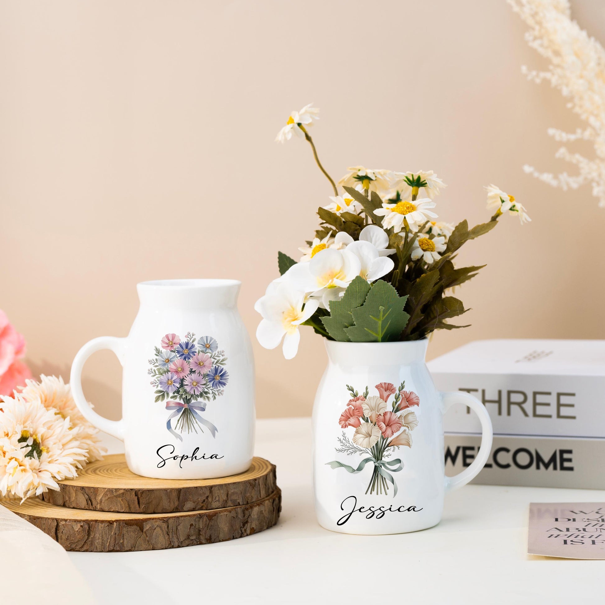 Personalized Birth Flower Ceramic Flower Vase, Custom Name Floral Pottery Vase, Birthday Gift, Bridesmaid Keepsake for Her