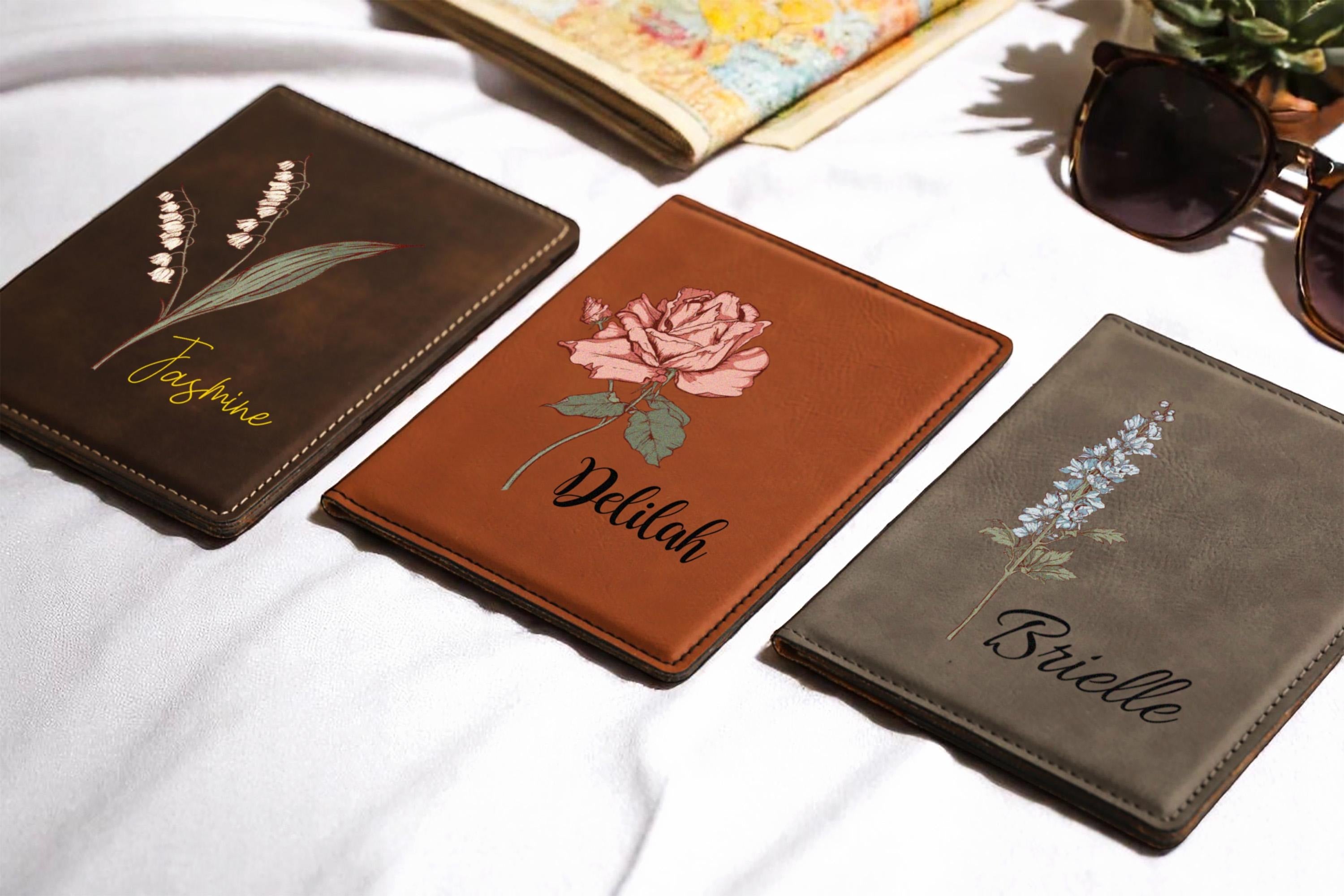 Personalized Leather Passport Cover, Custom Name Birth Flower Travel Wallet, Passport Holder, Gift for Women Travelers
