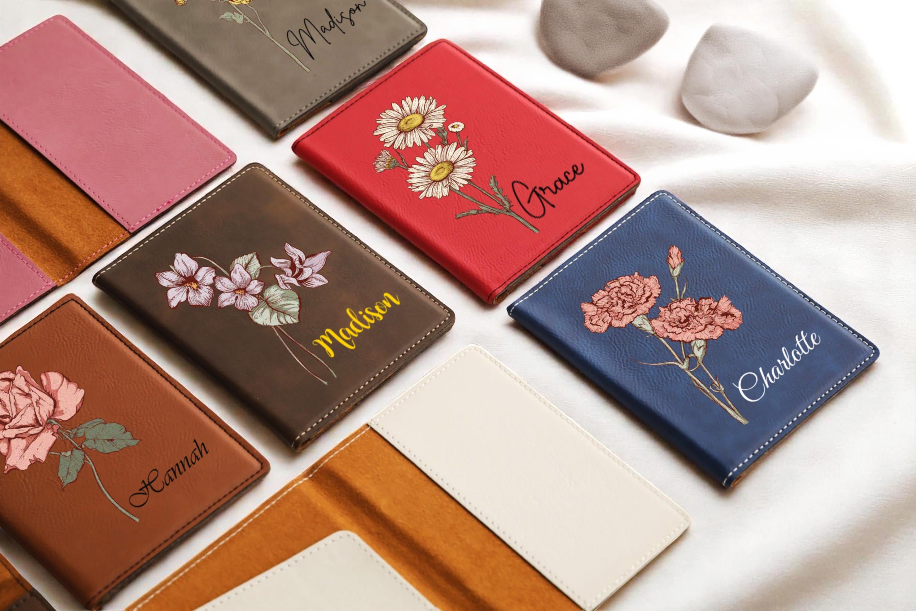 Personalized Leather Passport Cover, Custom Name Birth Flower Travel Wallet, Passport Holder, Gift for Women Travelers