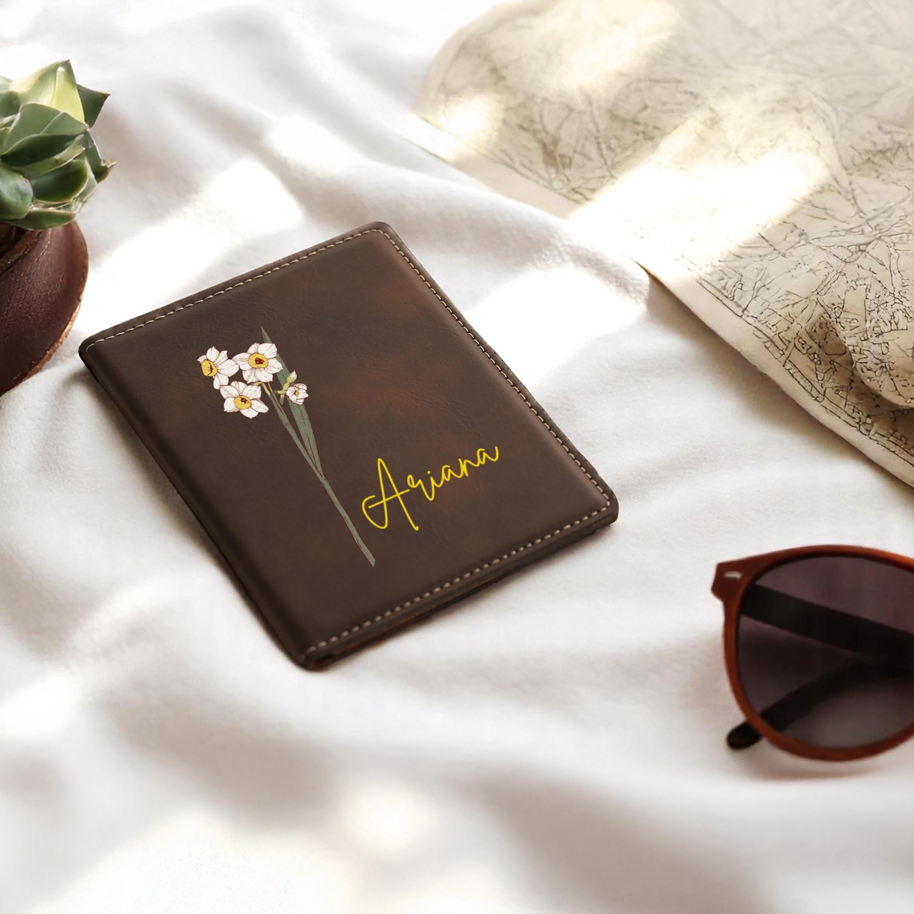 Personalized Leather Passport Cover, Custom Name Birth Flower Travel Wallet, Passport Holder, Gift for Women Travelers