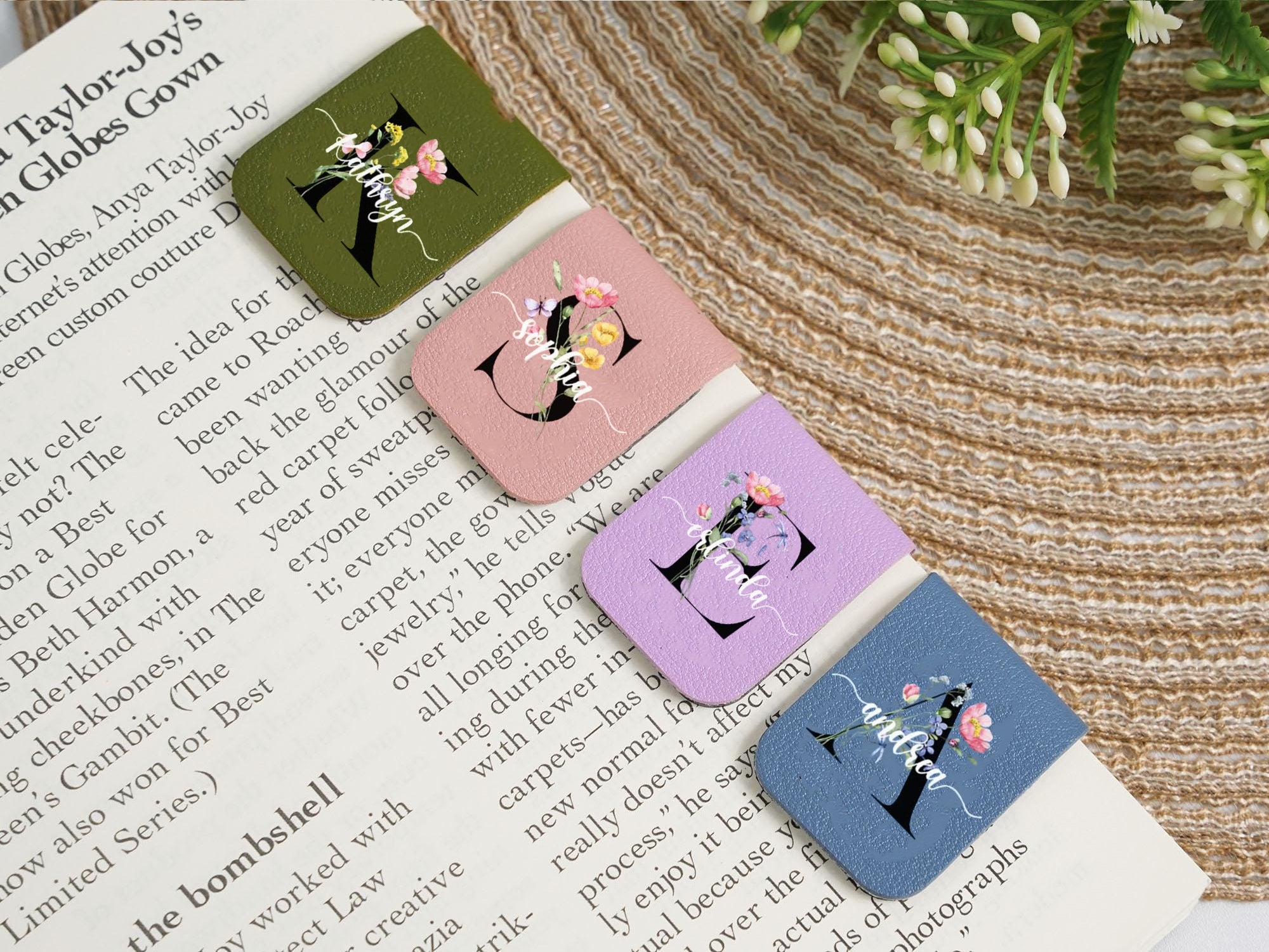 Personalized Leather Bookmarks with Flower Alphabet Design, Custom Initial Bookmark, Floral Leather Bookmark for Book Lovers