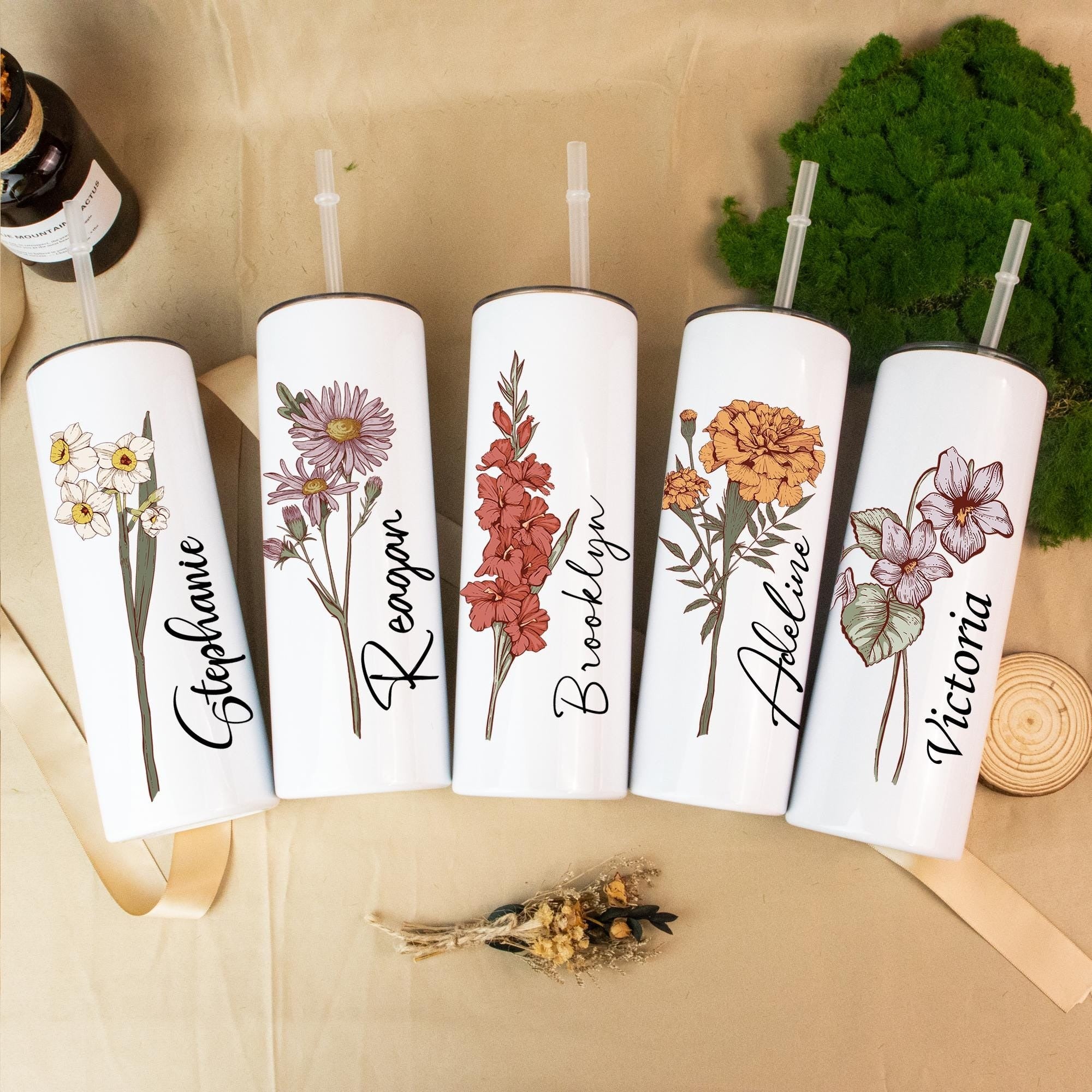 Custom 20oz Birth Flower Tumbler, Personalized Cup with Name, Girls Trip Gifts, Bridesmaid Gifs, Birthday Gift for Her, Wedding Cups
