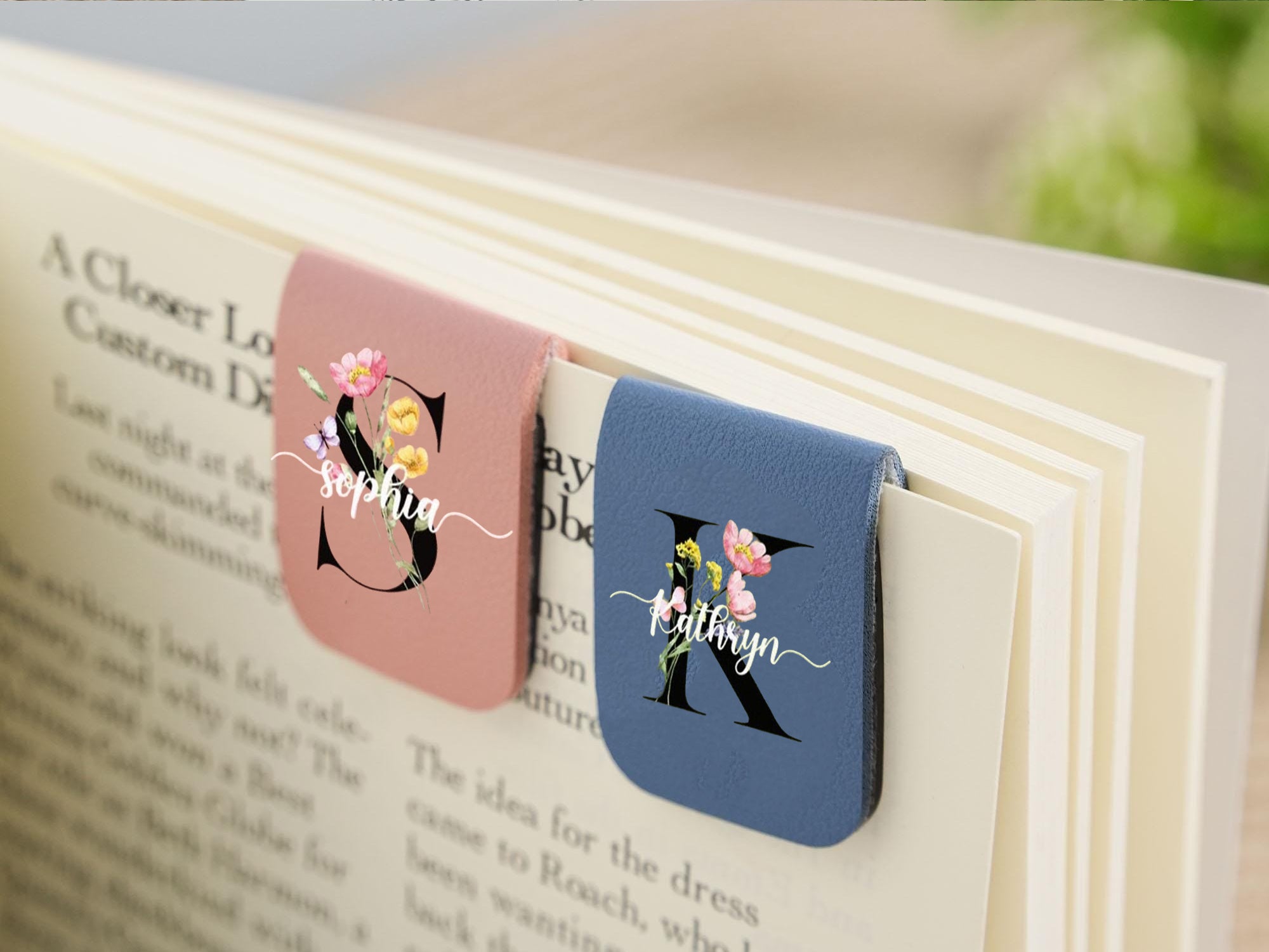 Personalized Leather Bookmarks with Flower Alphabet Design, Custom Initial Bookmark, Floral Leather Bookmark for Book Lovers