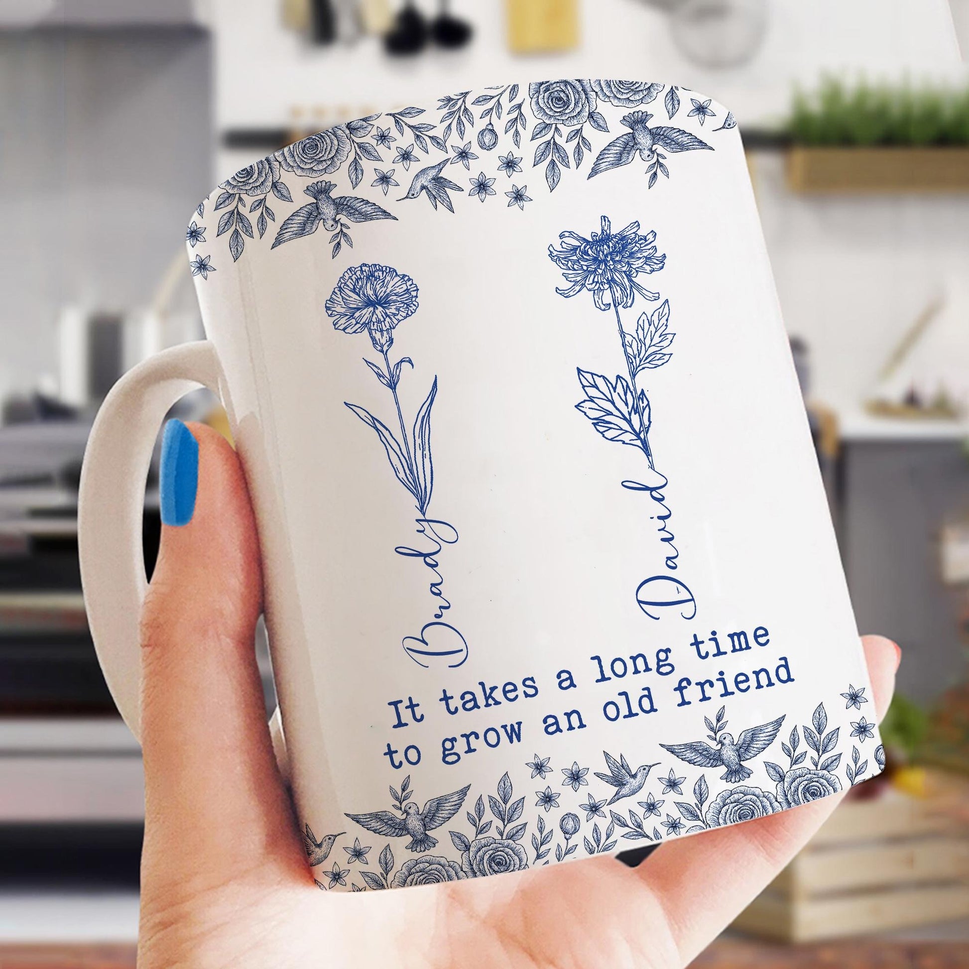Personalized Birth Flower Mug, Friendship Gifts, Best Friend Gifts For Women, It Takes A Long Time To Grow An Old Friend, BFF Gifts, Bestie Gifts, Friend Birthday Gifts