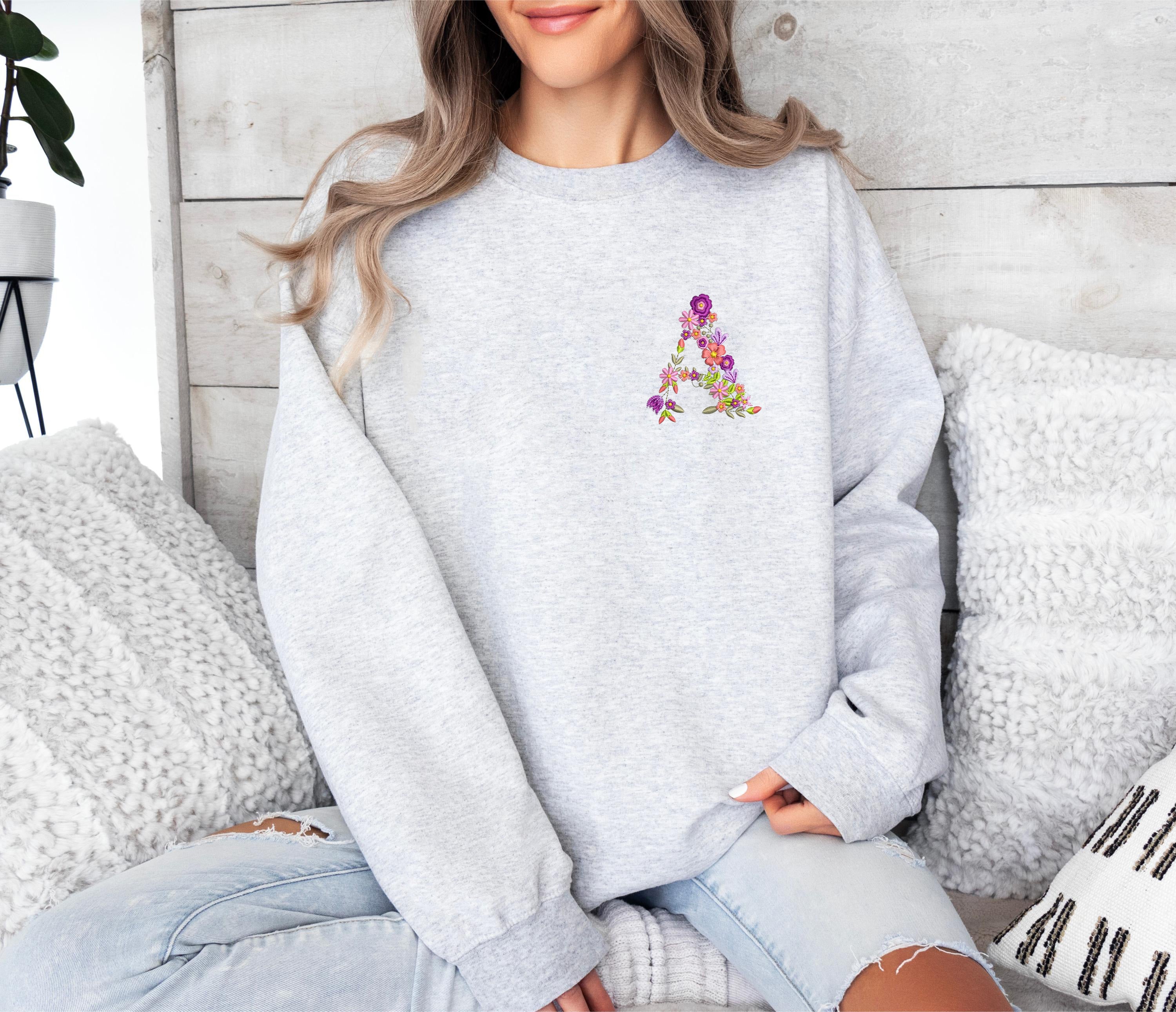 Personalized Flower Alphabet Embroidered Hoodie, Custom Initial Floral Sweatshirt, Gift for Her