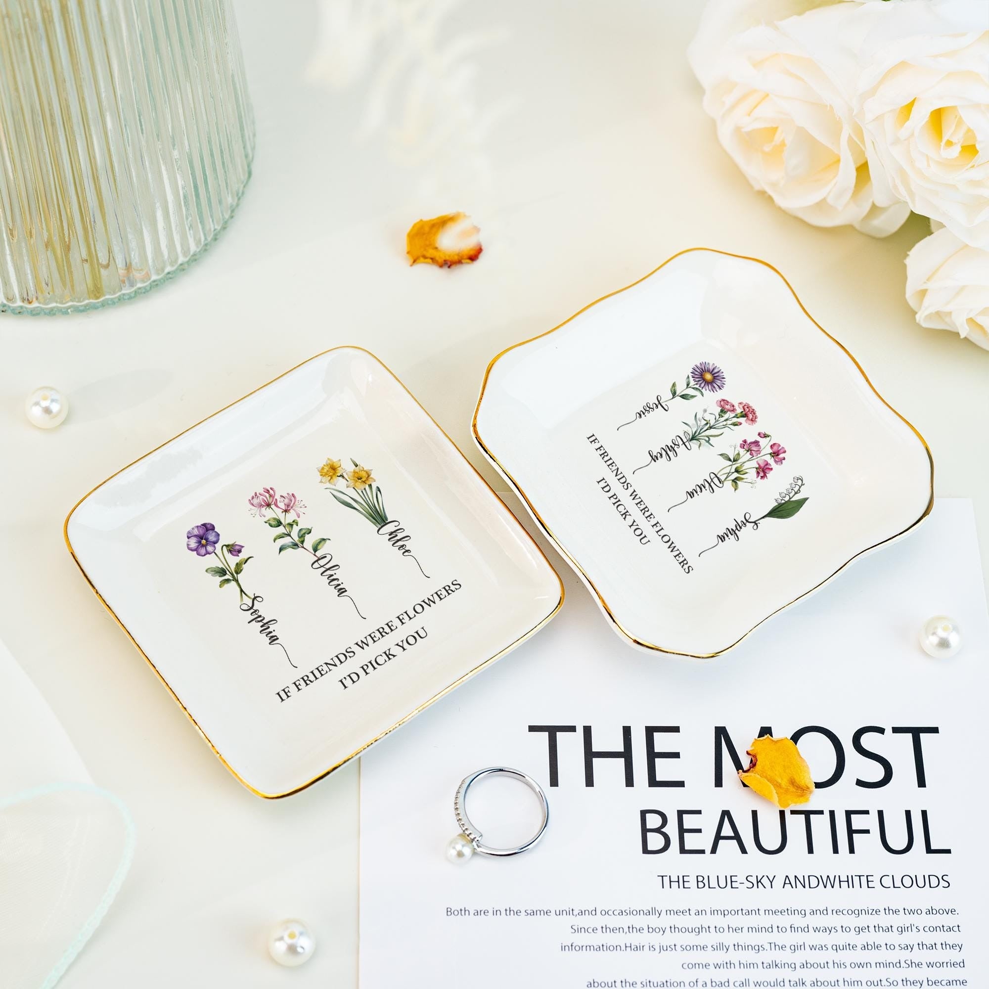 Friendship Ring Dish, Personalized Birth Flower Jewelry Dish, Birthday Party Gift, Gift for friend, “If Friends Were Flowers I’d Pick You”