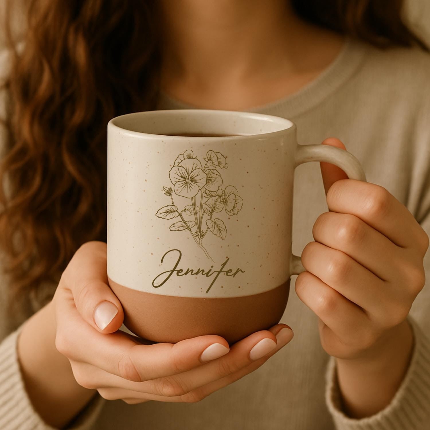Custom Birth Flower Pottery Mug, Engraved Coffee Cup with Name, Birthday Gift, Floral Coffee Mug