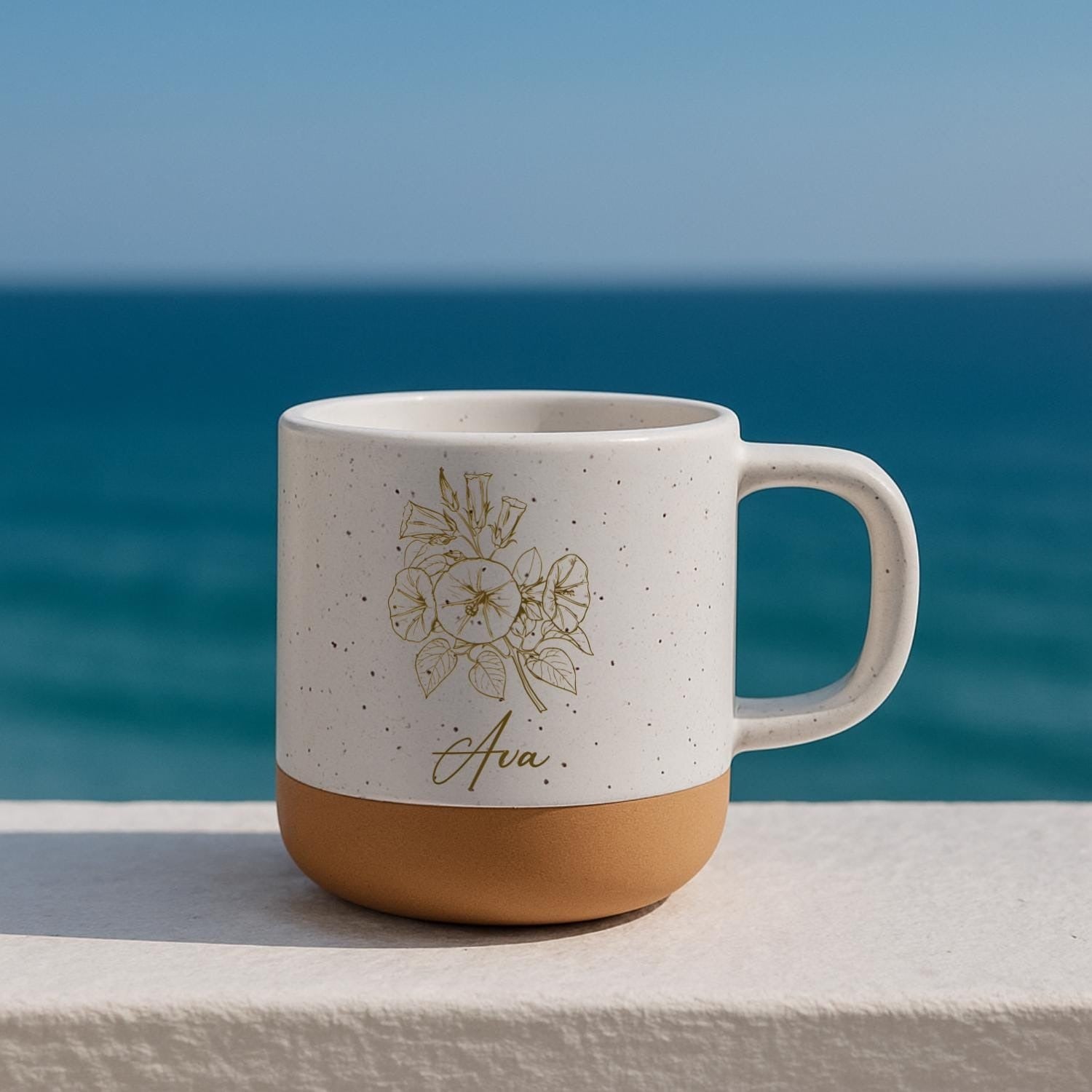 Custom Birth Flower Pottery Mug, Engraved Coffee Cup with Name, Birthday Gift, Floral Coffee Mug