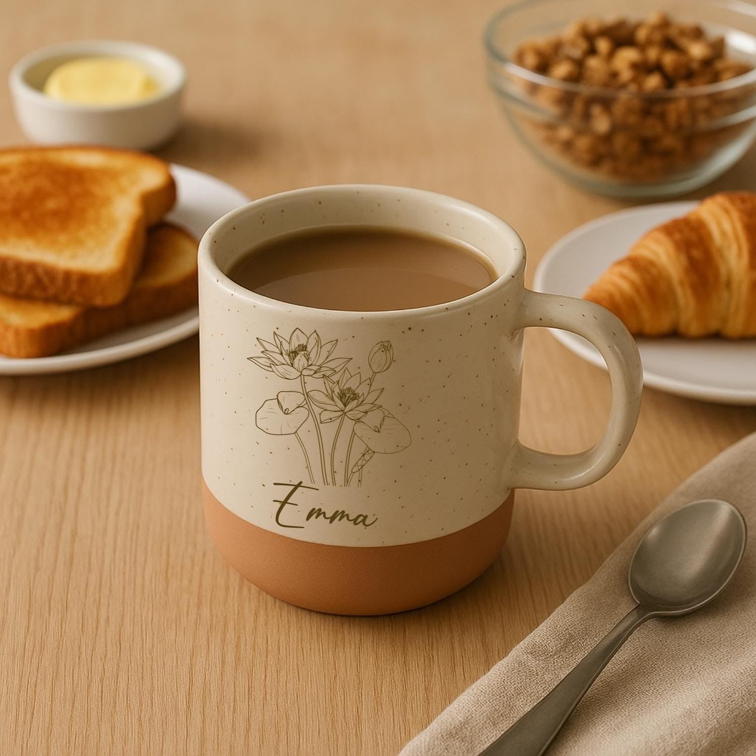 Custom Birth Flower Pottery Mug, Engraved Coffee Cup with Name, Birthday Gift, Floral Coffee Mug