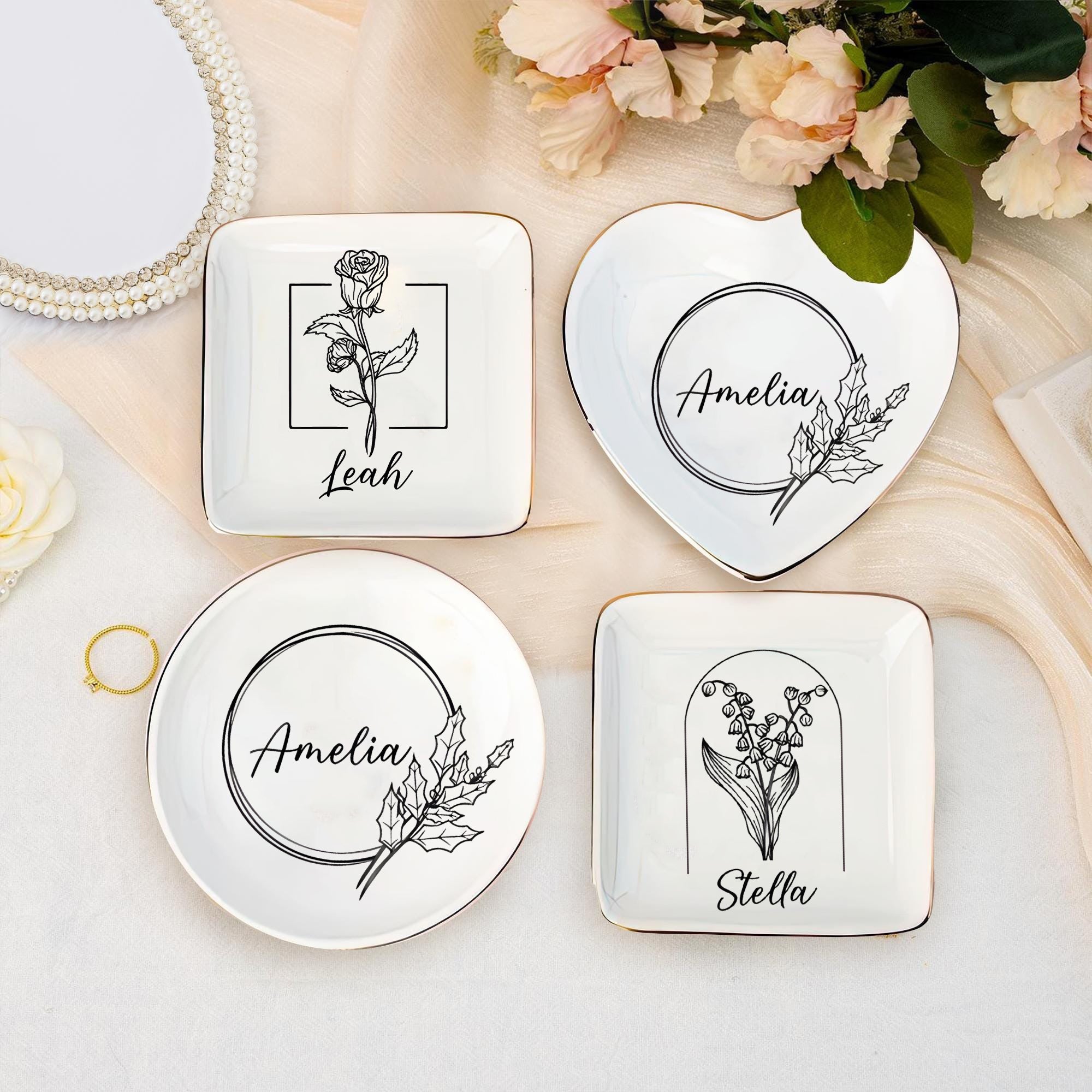 Personalized Jewelry Dish with Birth Flower, Custom Ring Trinket Tray, Monthly Bloom Gift for Her, Bridesmaid or Birthday Keepsake