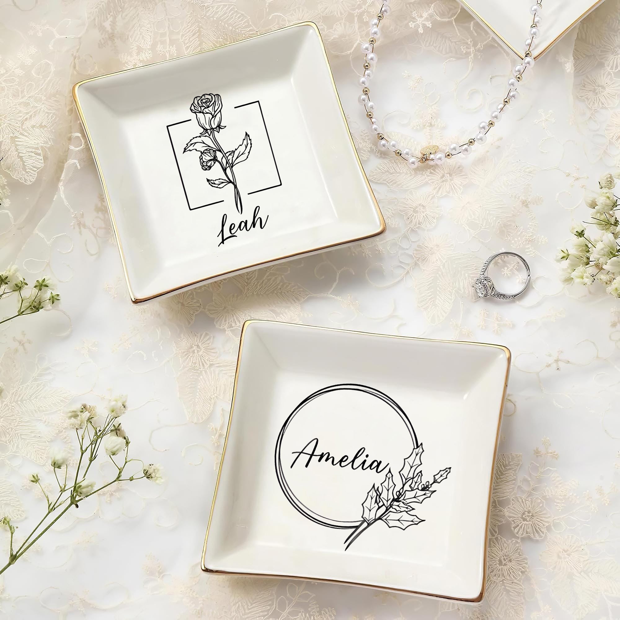 Personalized Jewelry Dish with Birth Flower, Custom Ring Trinket Tray, Monthly Bloom Gift for Her, Bridesmaid or Birthday Keepsake