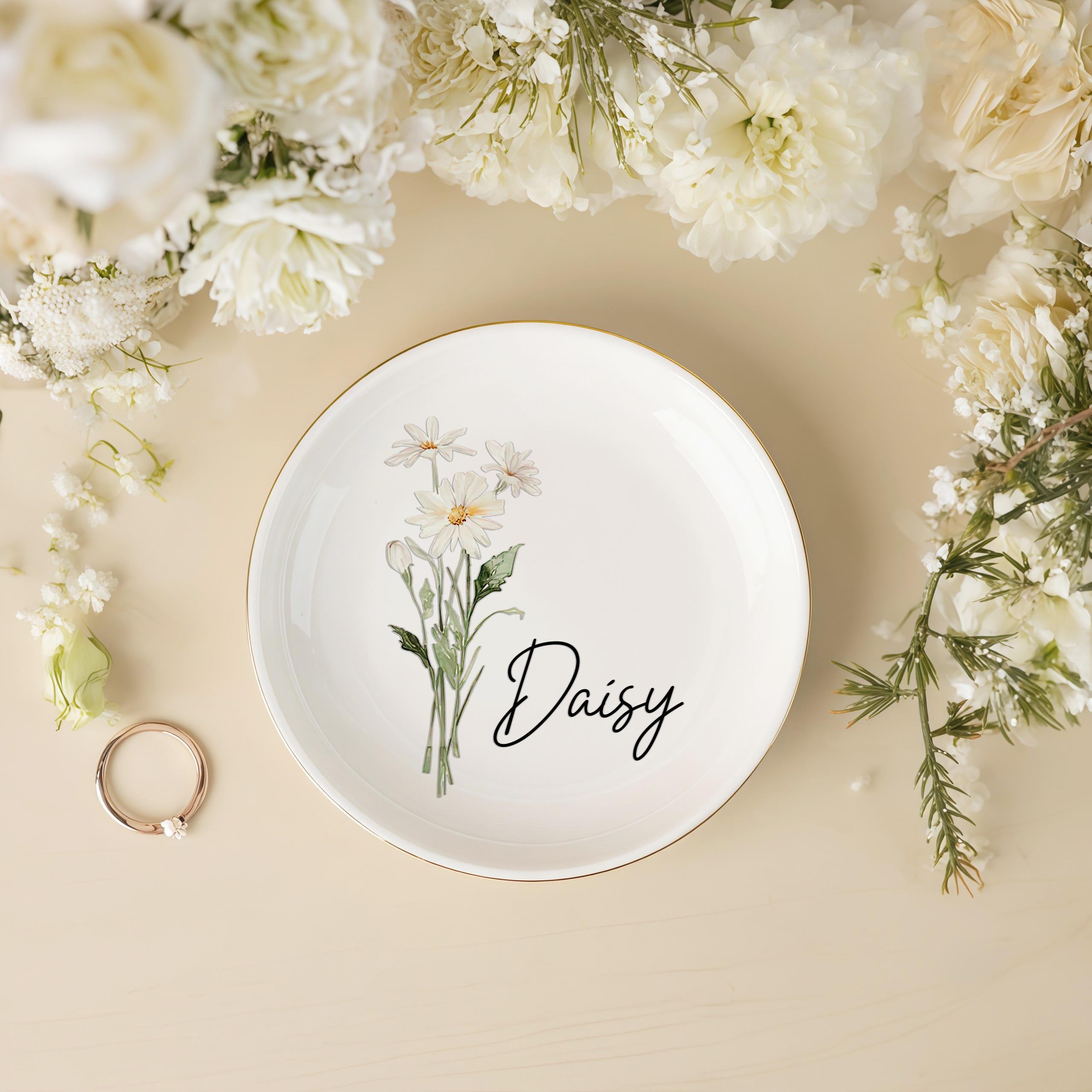 Personalized Birth Flower Trinket Dish, Custom Watercolor Flower Ring Dish, Birthday Jewelry Dish, Wedding Bridesmaid Gift, Christmas Gifts