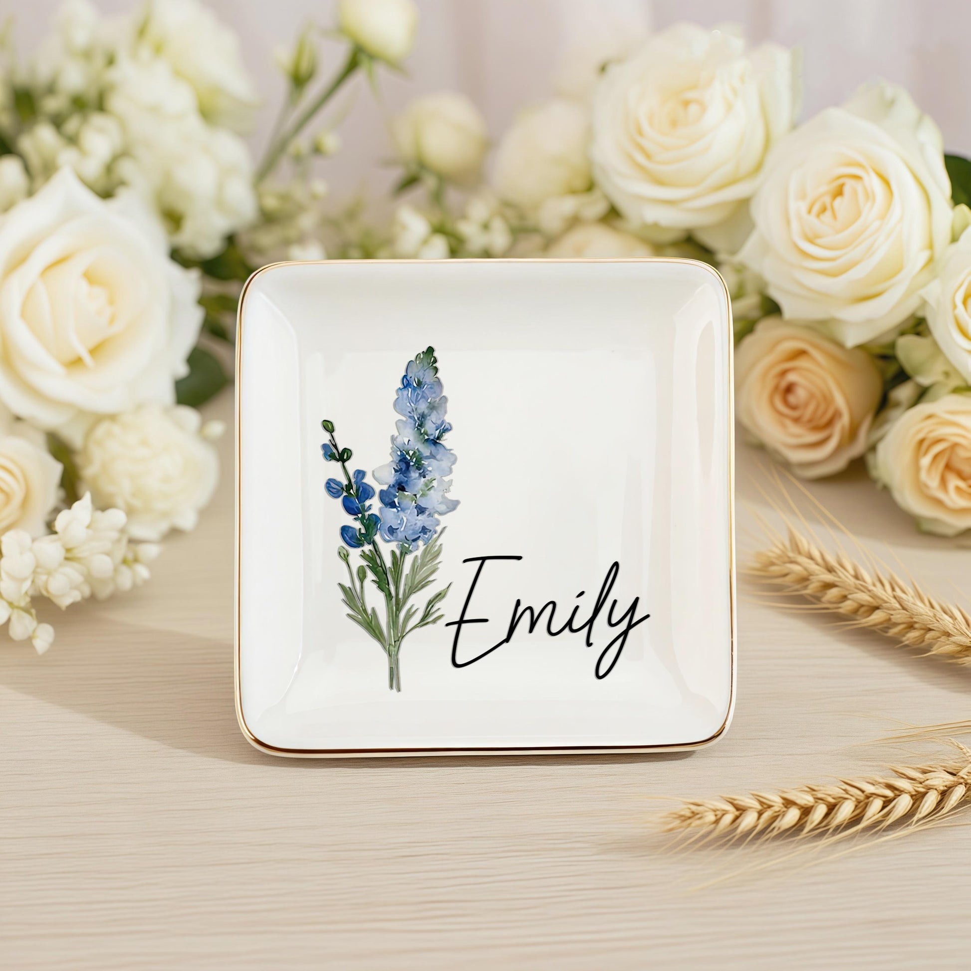 Personalized Birth Flower Trinket Dish, Custom Watercolor Flower Ring Dish, Birthday Jewelry Dish, Wedding Bridesmaid Gift, Christmas Gifts