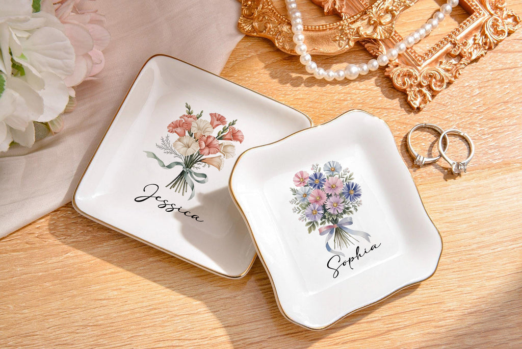Personalized Birth Flower Jewelry Dish, Custom Name Trinket Tray, Monthly Bloom Ring Dish, Bridesmaid Gift, Birthday Keepsake for Her