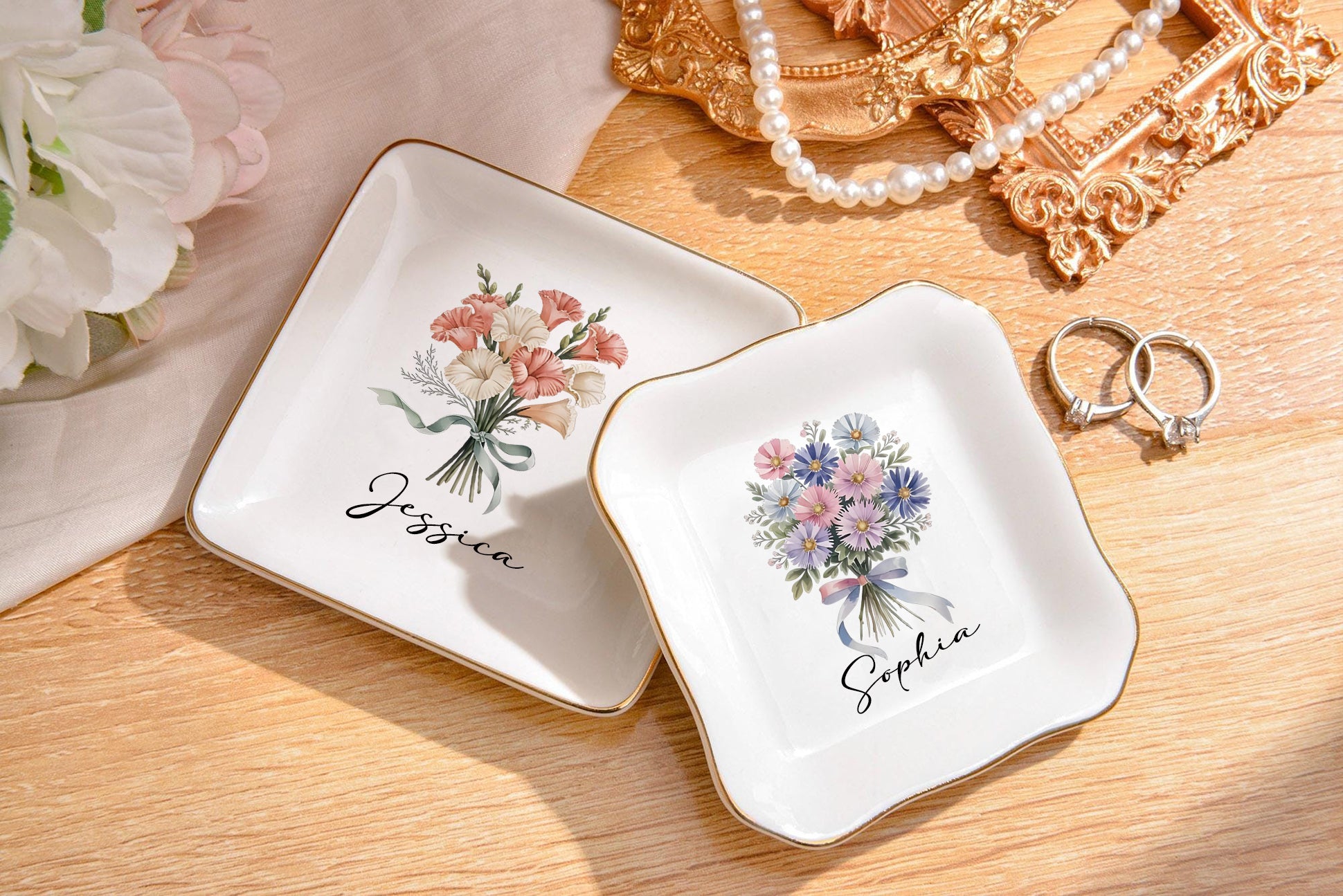 Personalized Birth Flower Jewelry Dish, Custom Name Trinket Tray, Monthly Bloom Ring Dish, Bridesmaid Gift, Birthday Keepsake for Her