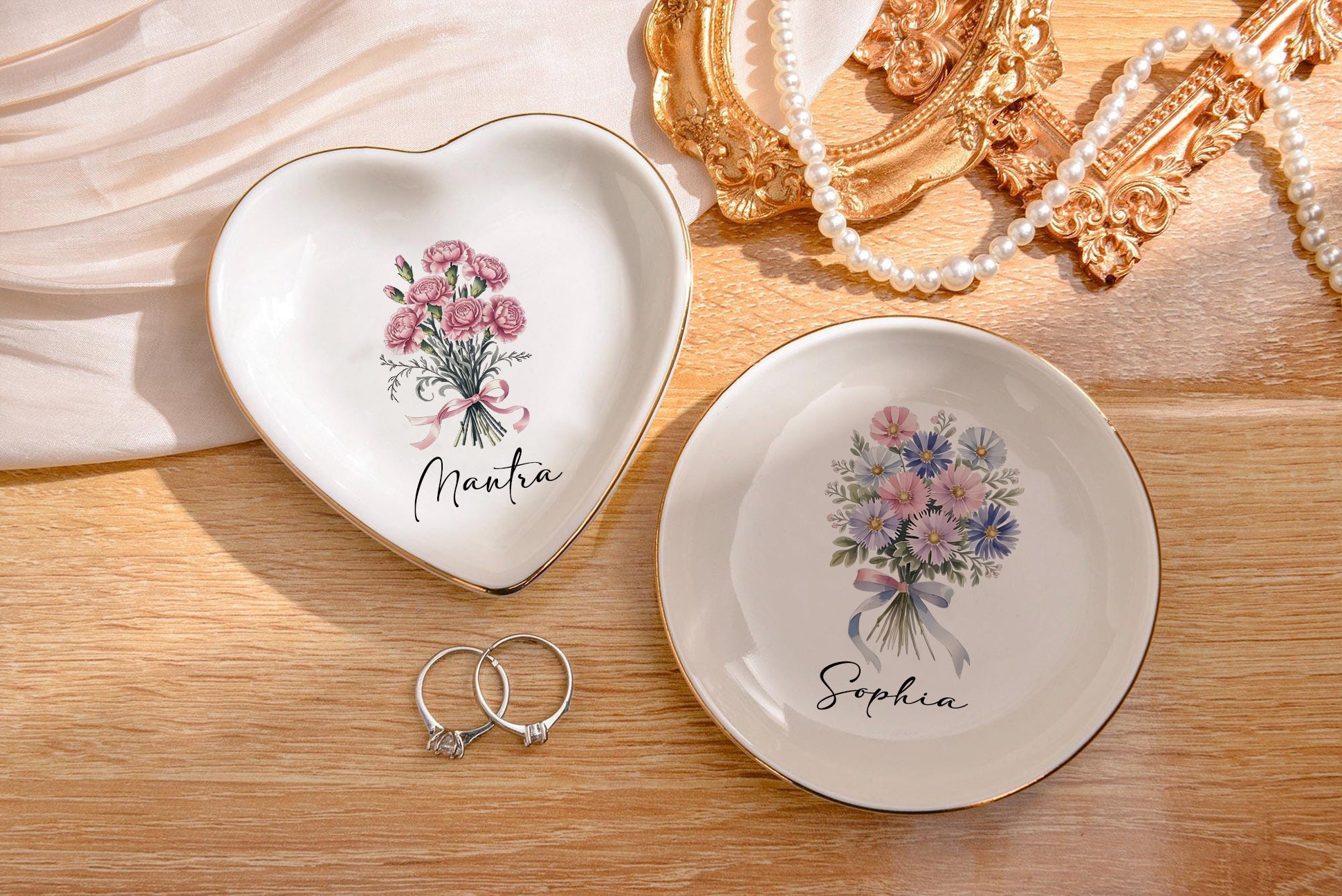 Personalized Birth Flower Jewelry Dish, Custom Name Trinket Tray, Monthly Bloom Ring Dish, Bridesmaid Gift, Birthday Keepsake for Her