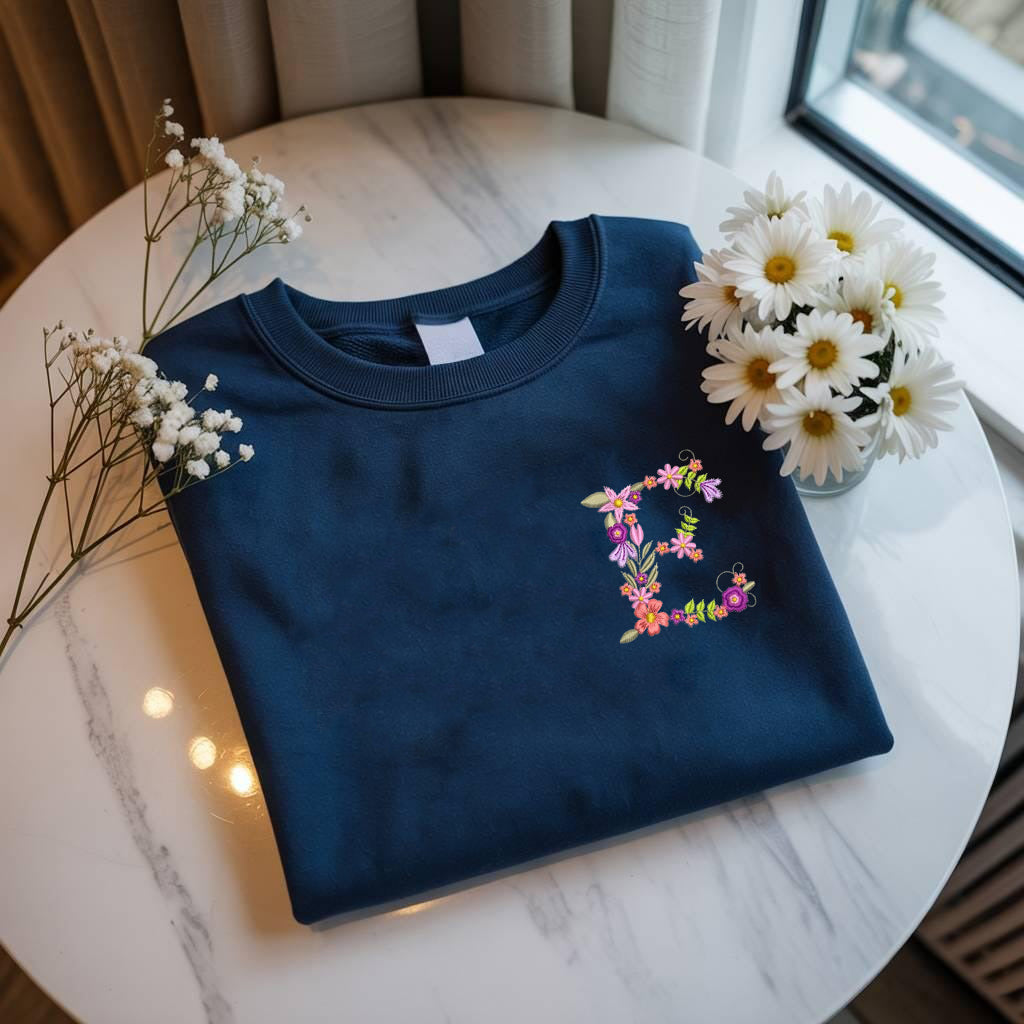Personalized Flower Alphabet Embroidered Hoodie, Custom Initial Floral Sweatshirt, Gift for Her