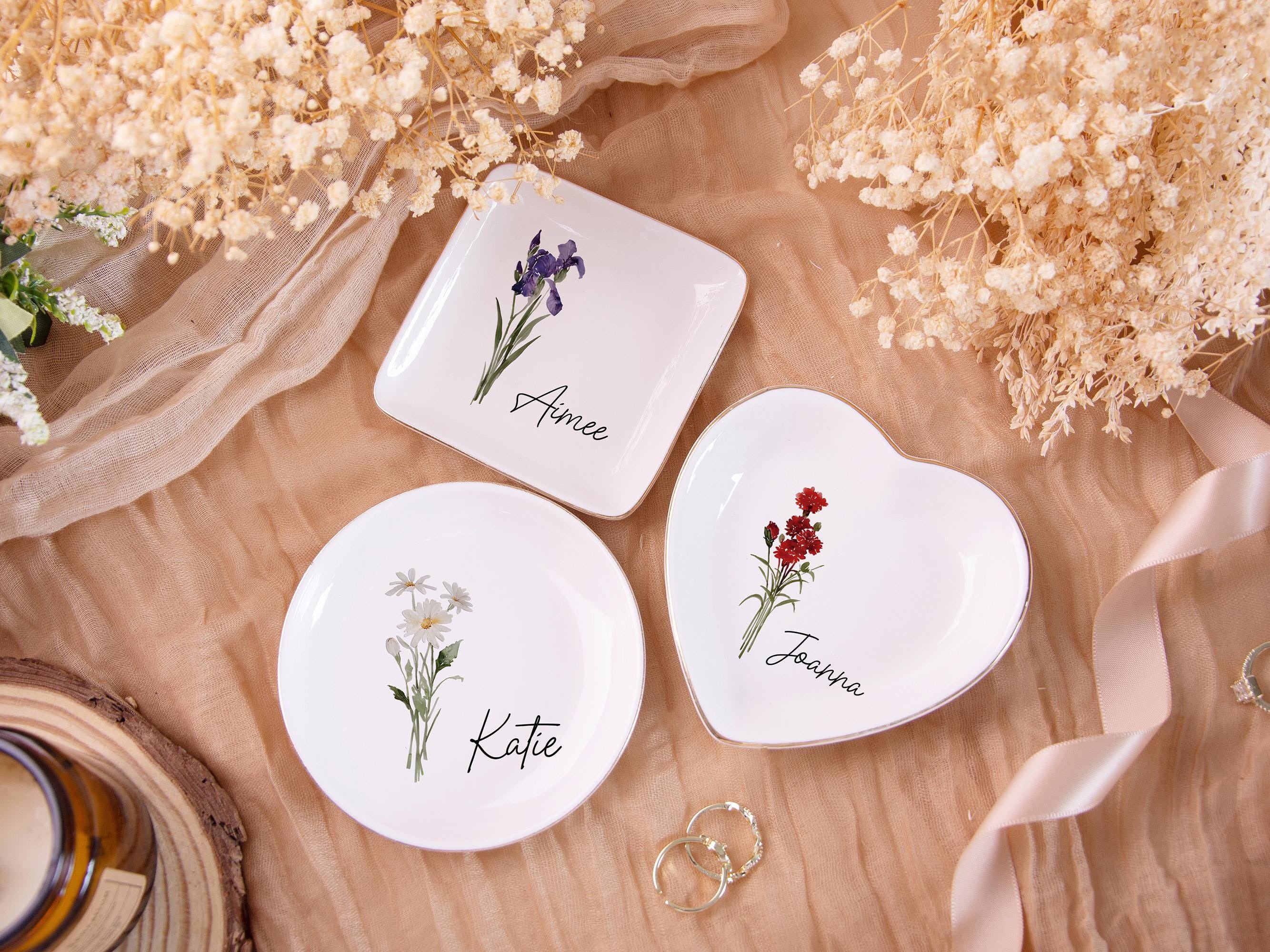 Personalized Birth Flower Trinket Dish, Custom Watercolor Flower Ring Dish, Birthday Jewelry Dish, Wedding Bridesmaid Gift, Christmas Gifts