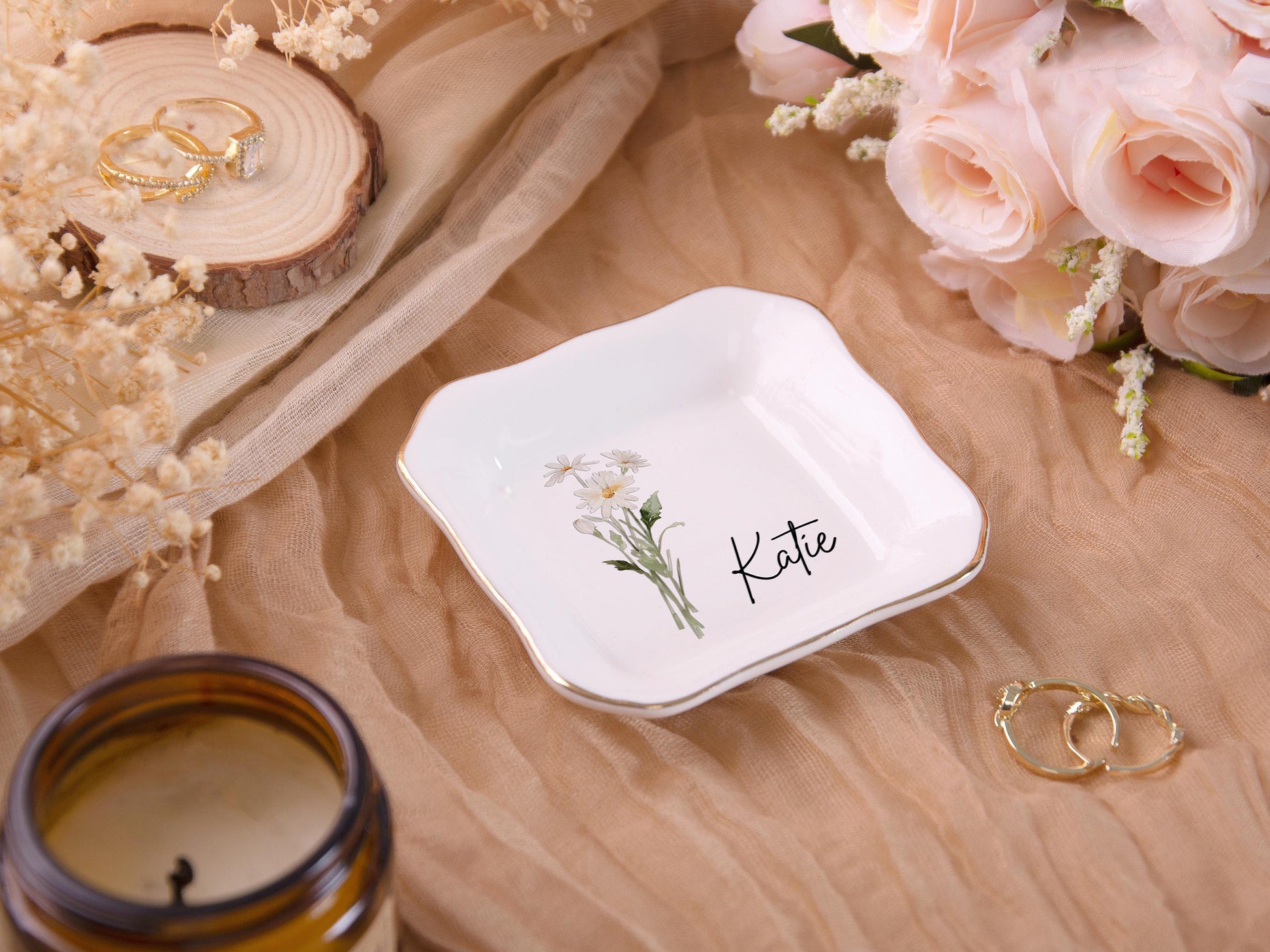 Personalized Birth Flower Trinket Dish, Custom Watercolor Flower Ring Dish, Birthday Jewelry Dish, Wedding Bridesmaid Gift, Christmas Gifts