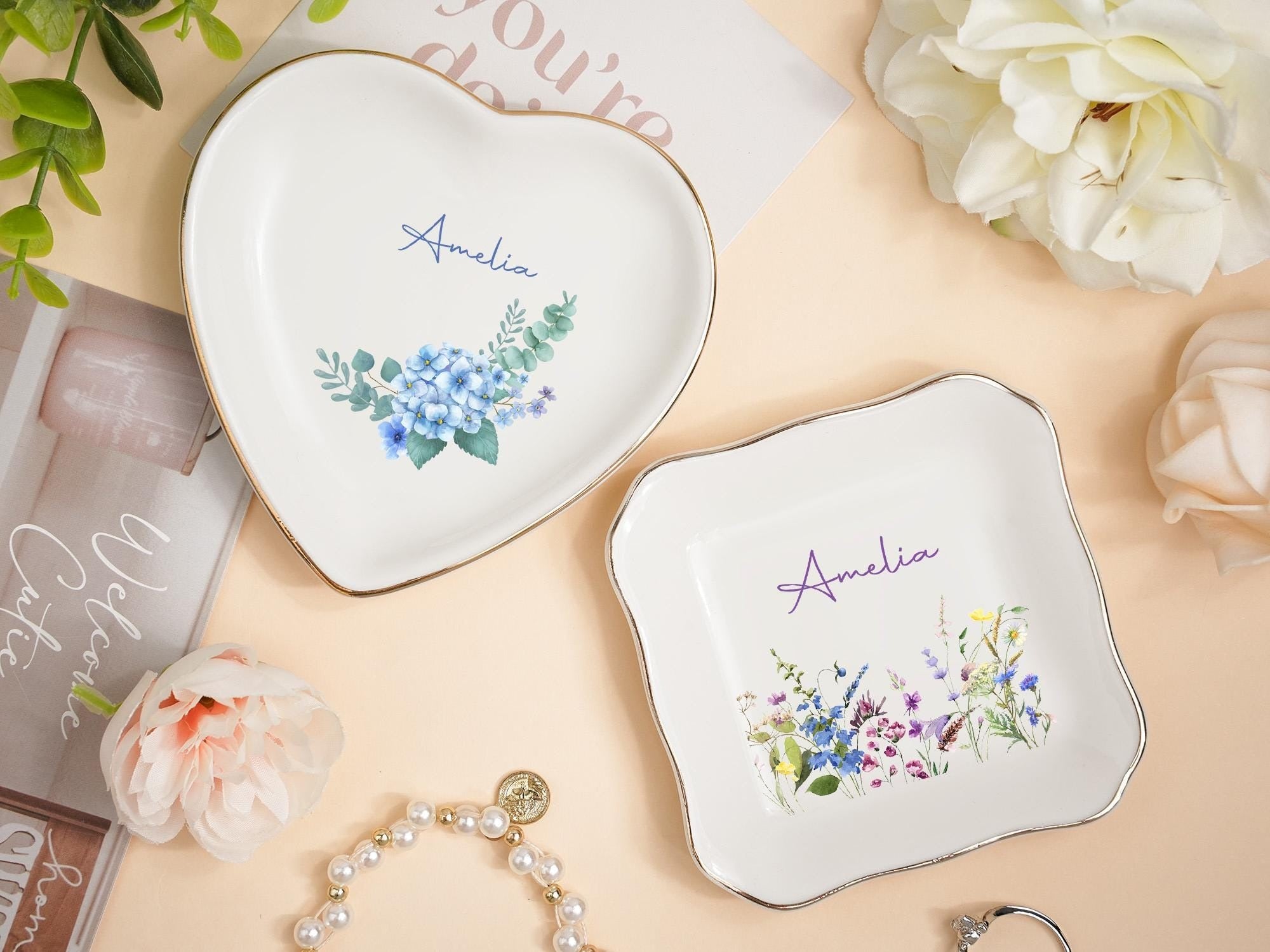 Custom Jewelry Dish Flower With Name, Personalized Gift with Flower, Flower Ring Dish, Jewelry Dishes For Women, Custom Ring Holder with Flower