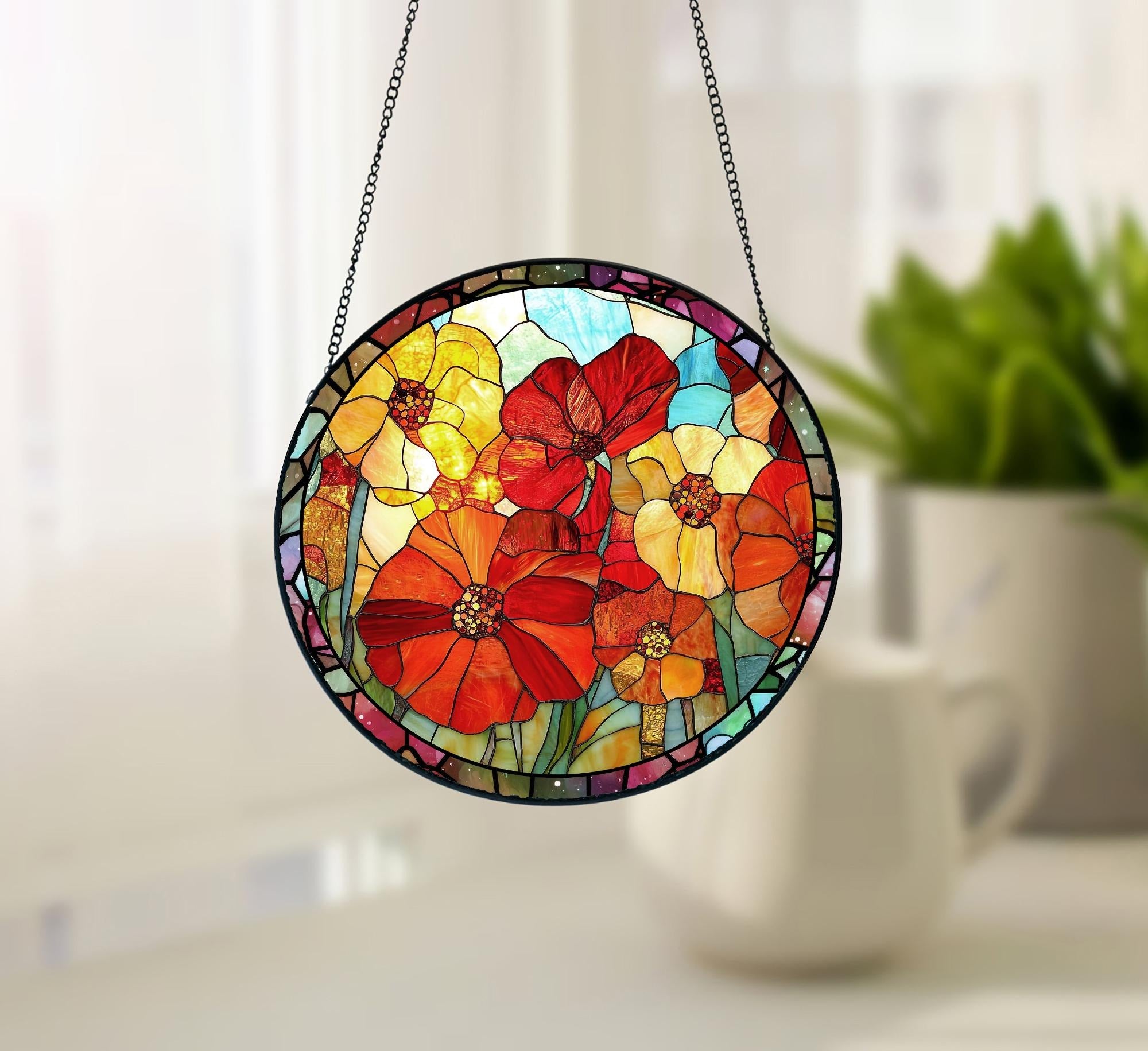 Personalized Birth Month Flower Stained Glass Suncatcher, Custom Flowers Window Hanging, Birthday Gift For Besties, Mom, Her, Flower Garden Decor