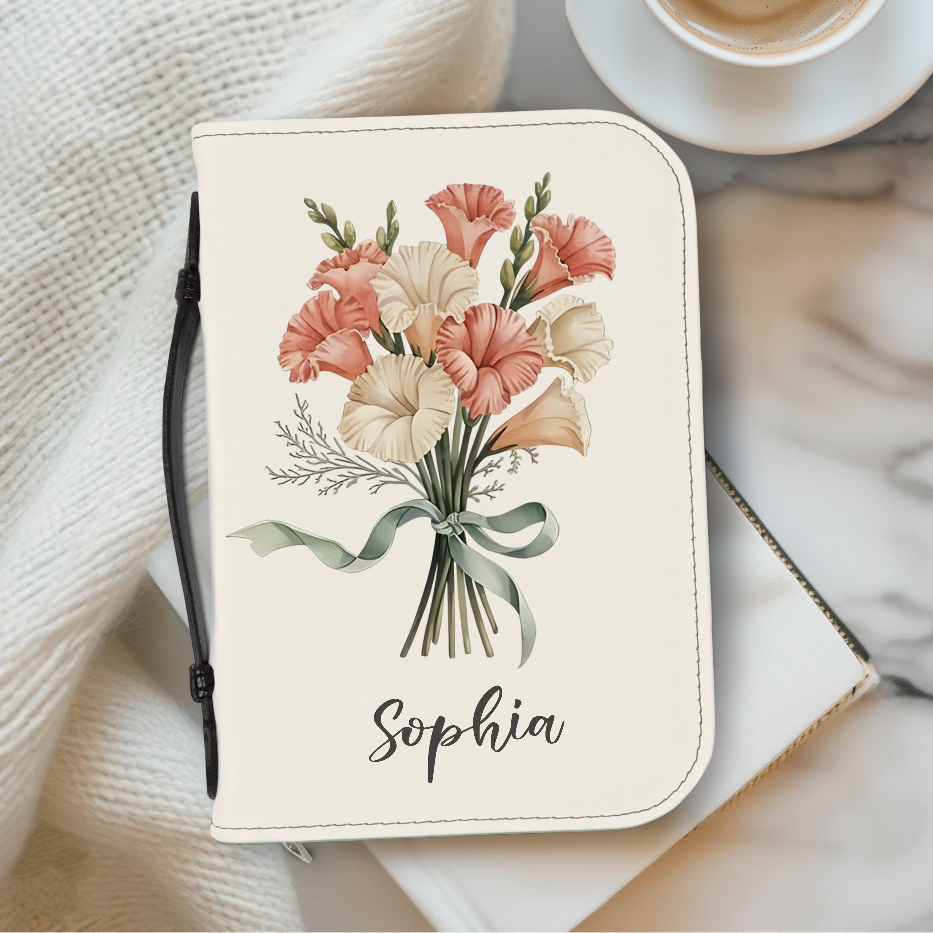 Personalized Bible Cover with Birth Flower, Custom Name Leather Scripture Case, Christian Gift for Women, Floral Bible Protector