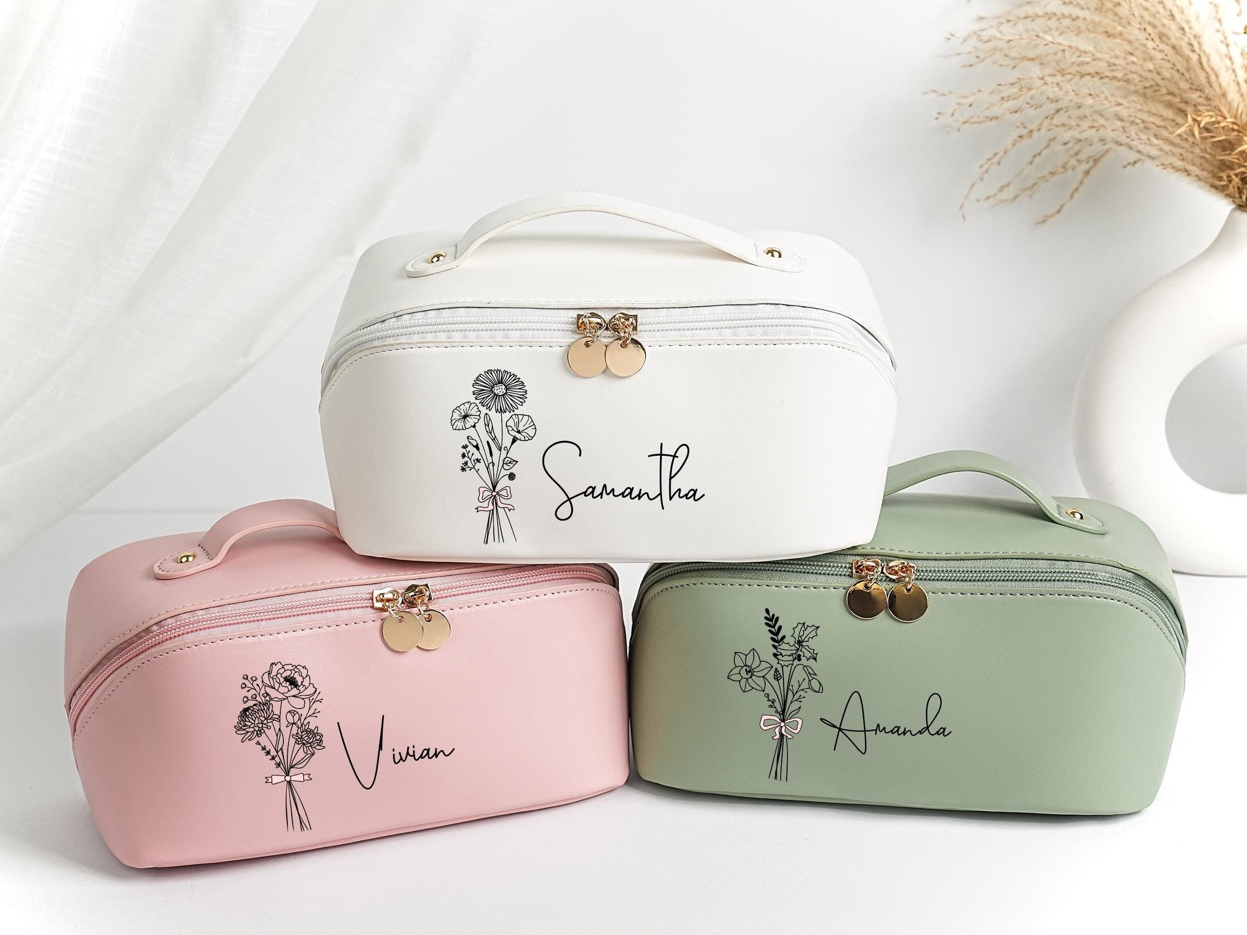 Leather Makeup Bag With Birth Month Flower, Personalized Bridesmaid Gift Bag Pouch, Gift Bag, Bridal Shower Gift, Gift for Her, Christmas Gift