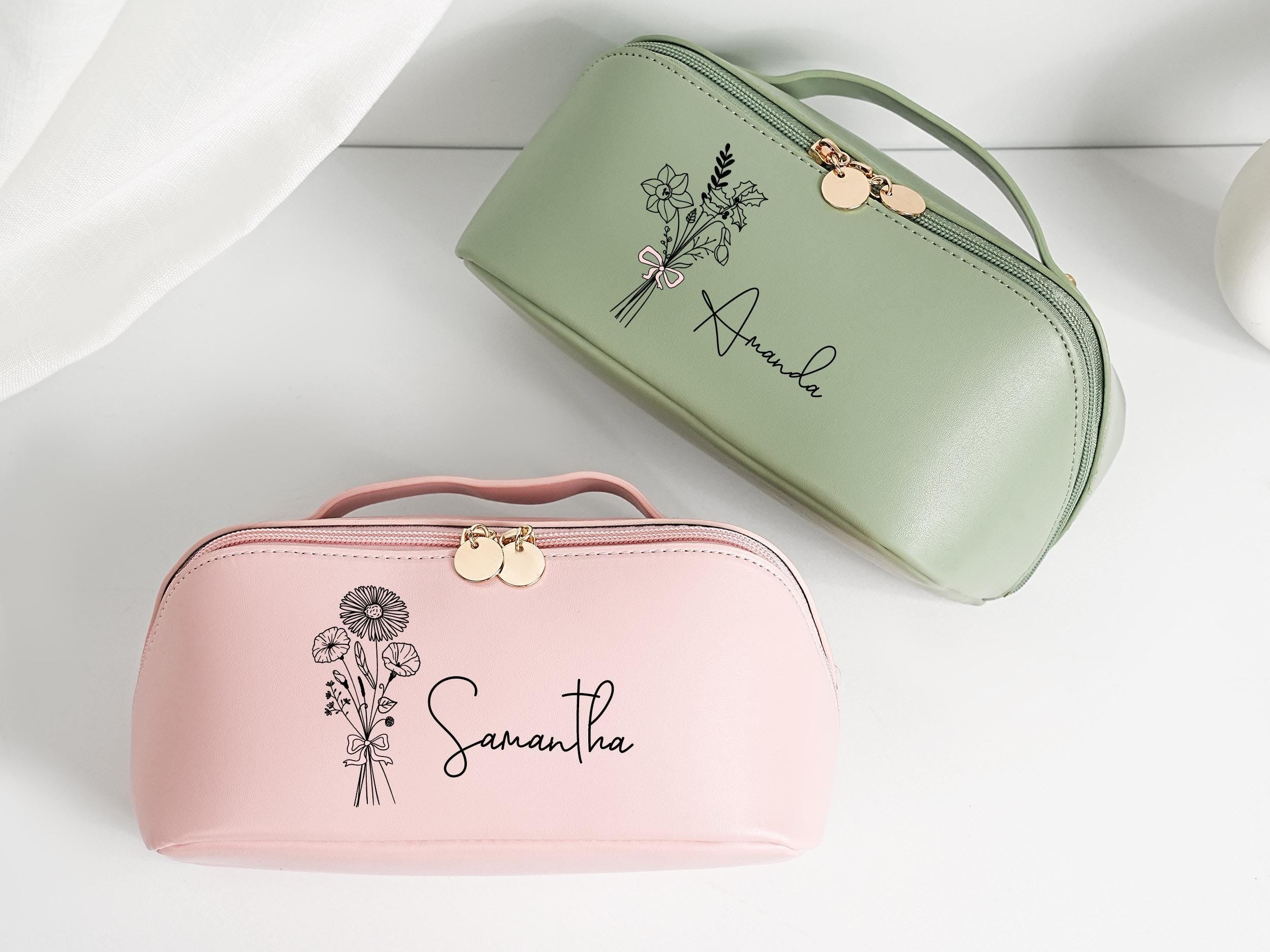 Leather Makeup Bag With Birth Month Flower, Personalized Bridesmaid Gift Bag Pouch, Gift Bag, Bridal Shower Gift, Gift for Her, Christmas Gift