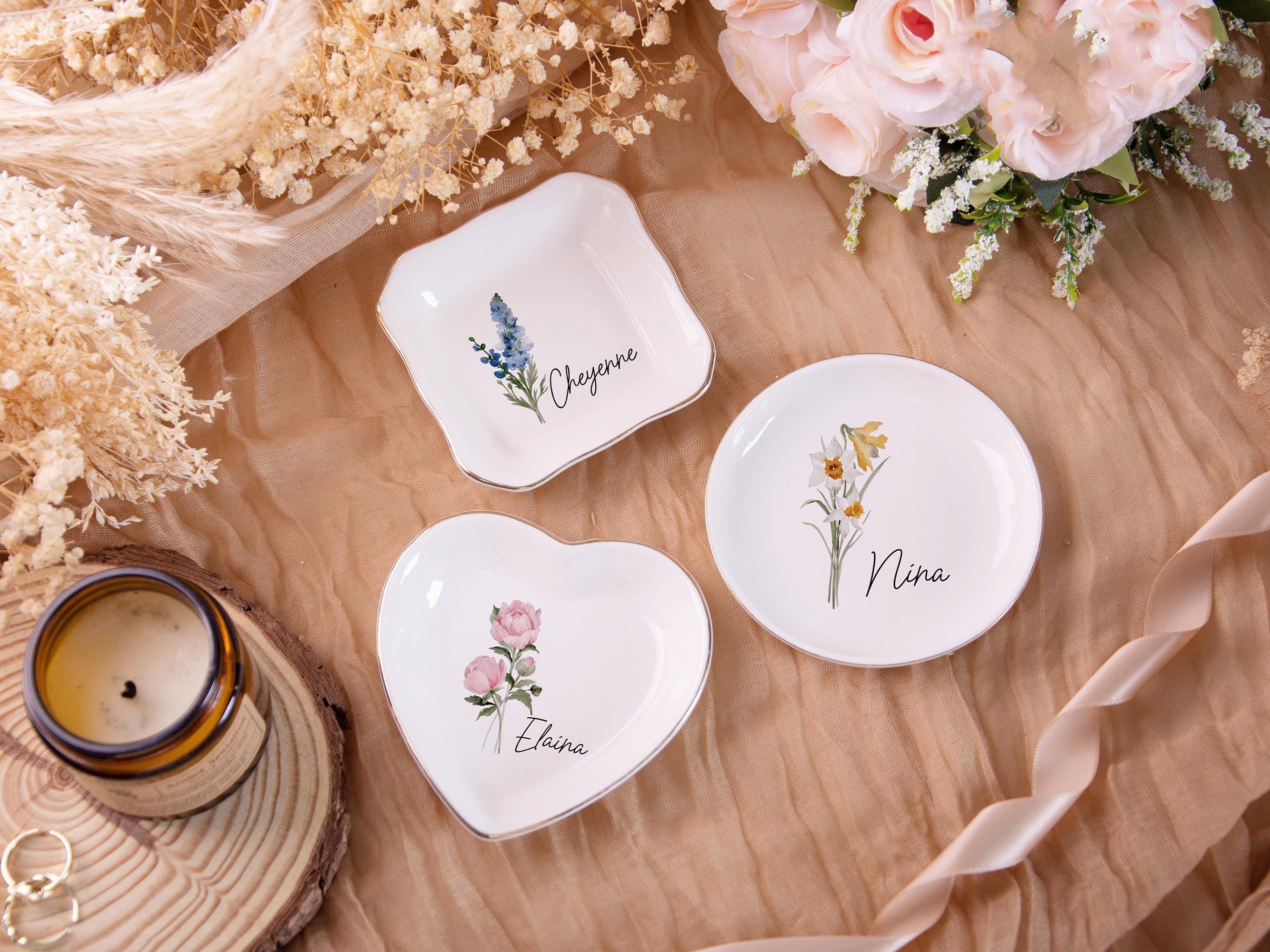 Personalized Birth Flower Trinket Dish, Custom Watercolor Flower Ring Dish, Birthday Jewelry Dish, Wedding Bridesmaid Gift, Christmas Gifts