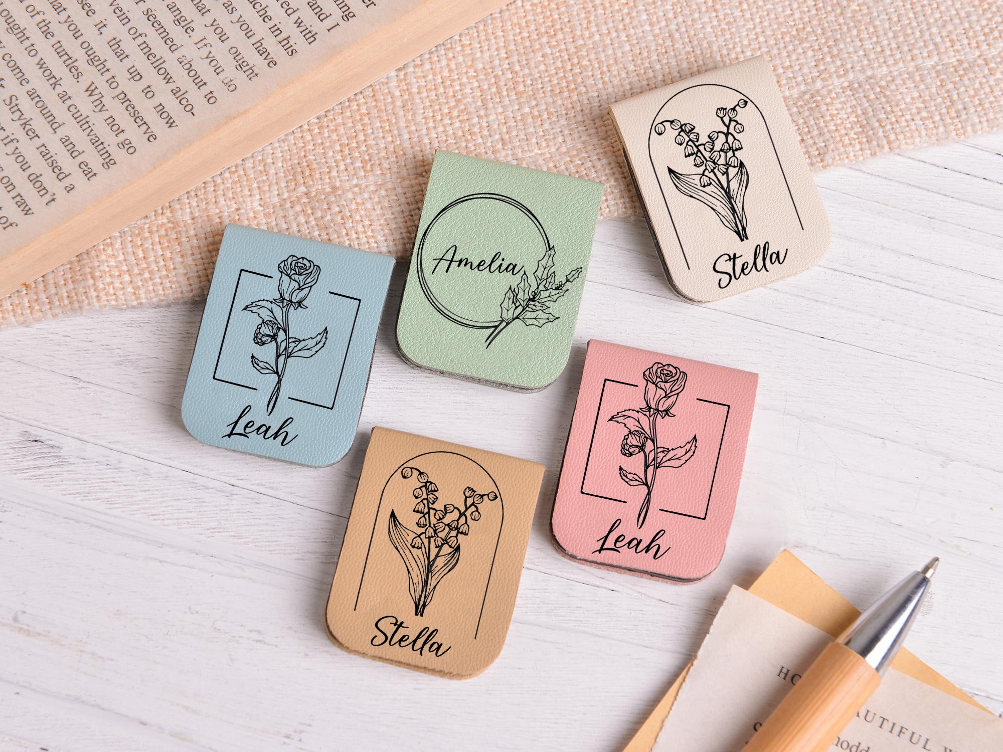 Personalized Leather Bookmark Monthly Bloom Collection, Custom Floral Bookmark, Handcrafted Leather Bookmark for Book Lovers
