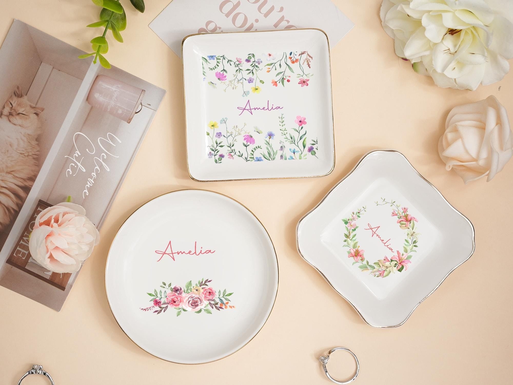 Custom Jewelry Dish Flower With Name, Personalized Gift with Flower, Flower Ring Dish, Jewelry Dishes For Women, Custom Ring Holder with Flower