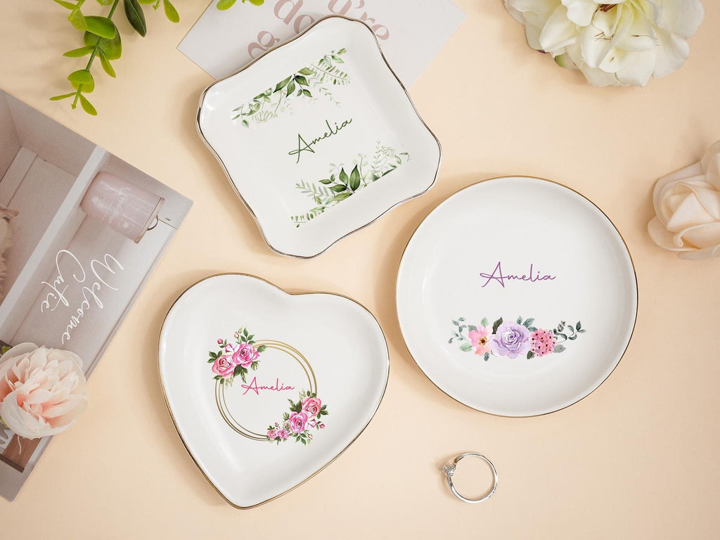 Custom Jewelry Dish Flower With Name, Personalized Gift with Flower, Flower Ring Dish, Jewelry Dishes For Women, Custom Ring Holder with Flower