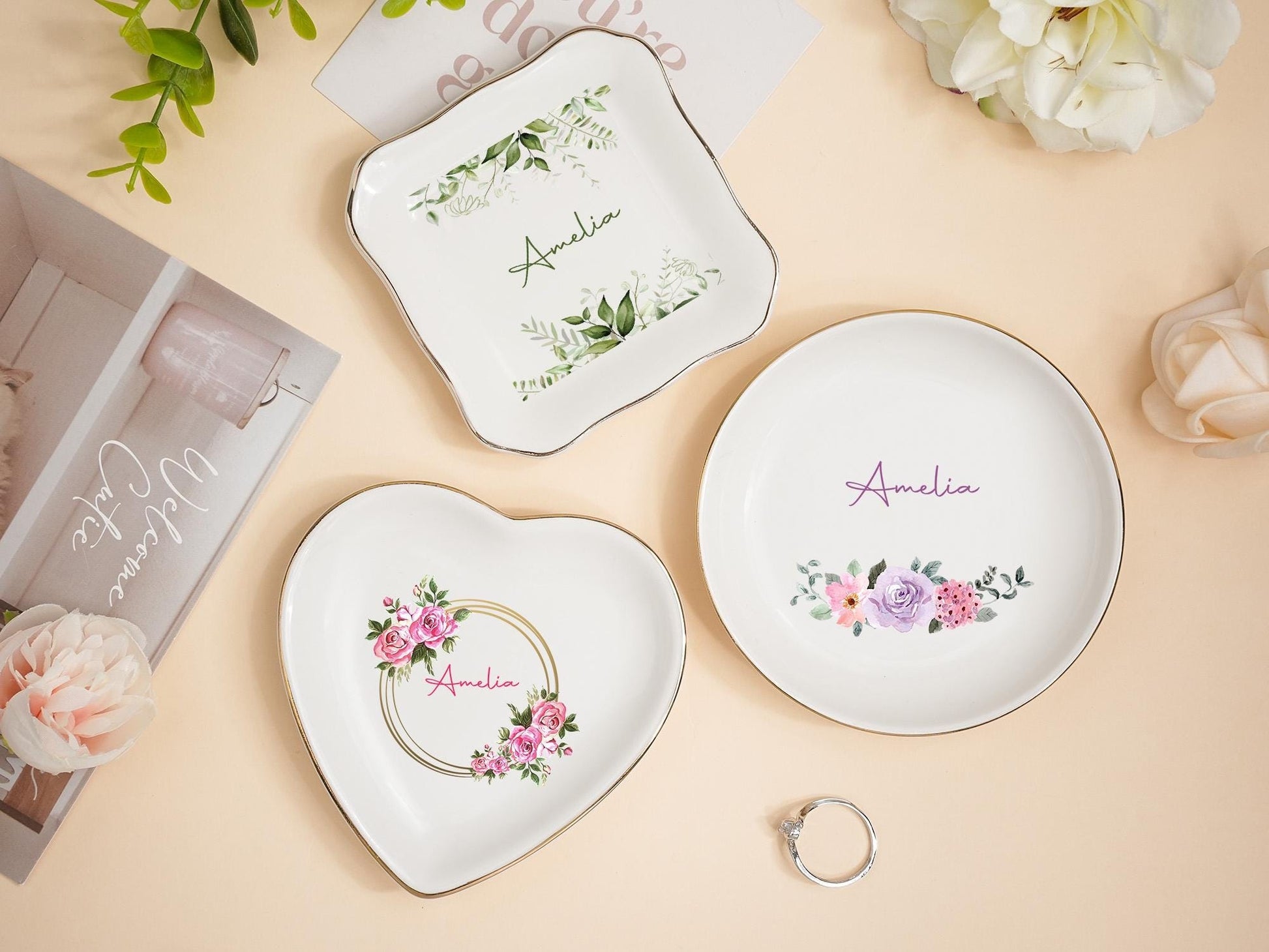 Custom Jewelry Dish Flower With Name, Personalized Gift with Flower, Flower Ring Dish, Jewelry Dishes For Women, Custom Ring Holder with Flower
