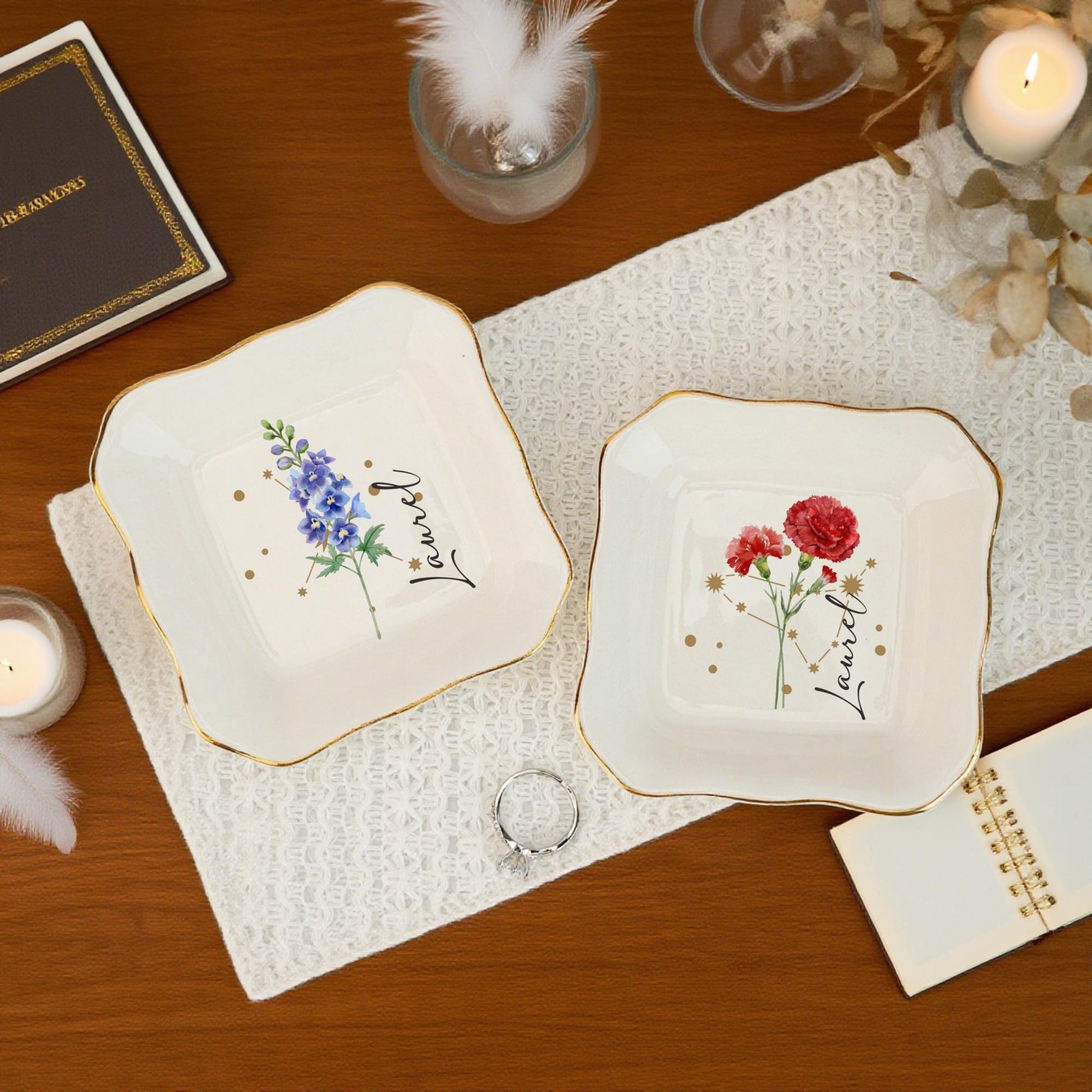 Personalized Birth Flower Ring Dish, Zodiac and Flower with Constellation Trinket Dish, Constellation Jewelry Dish, Birth Flower Trinket Dish