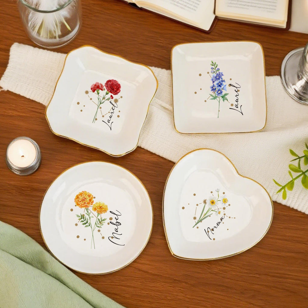 Personalized Birth Flower Ring Dish, Zodiac and Flower with Constellation Trinket Dish, Constellation Jewelry Dish, Birth Flower Trinket Dish