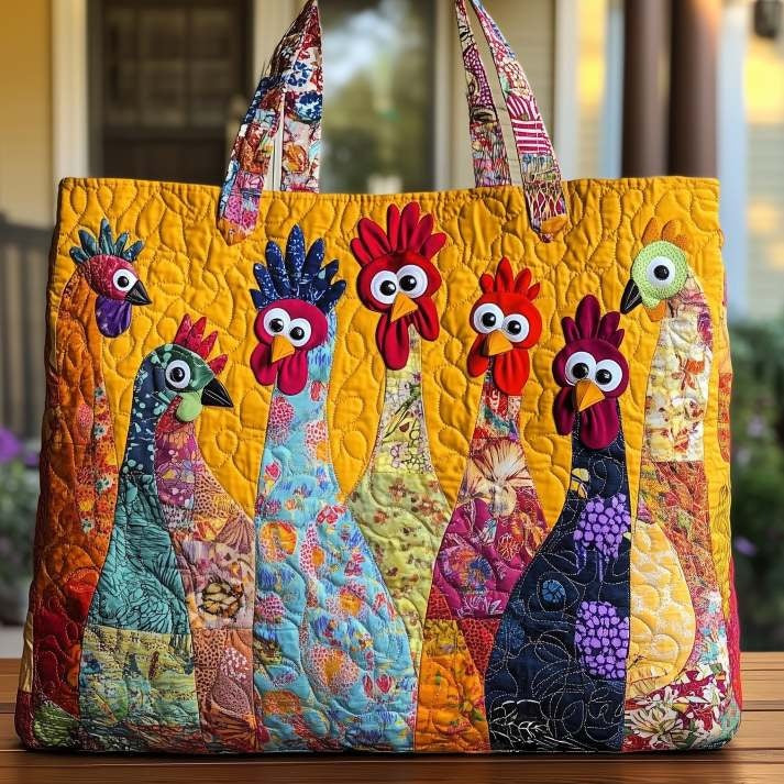 Chicken Patchwork Tote Bag, 3D All Over Printed Quilted Shoulder Bag, Cute Chicken Bag, Chicken Lover's Gift, Handmade Patchwork Tote