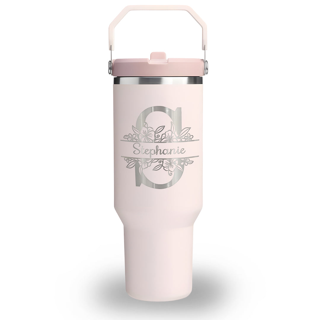 Personalized Flower Alphabet Flip Straw Tumbler, Custom Initial and Name Cup with Handle Lid, Floral Monogram Stainless Steel Insulated Mug, Gift for Her
