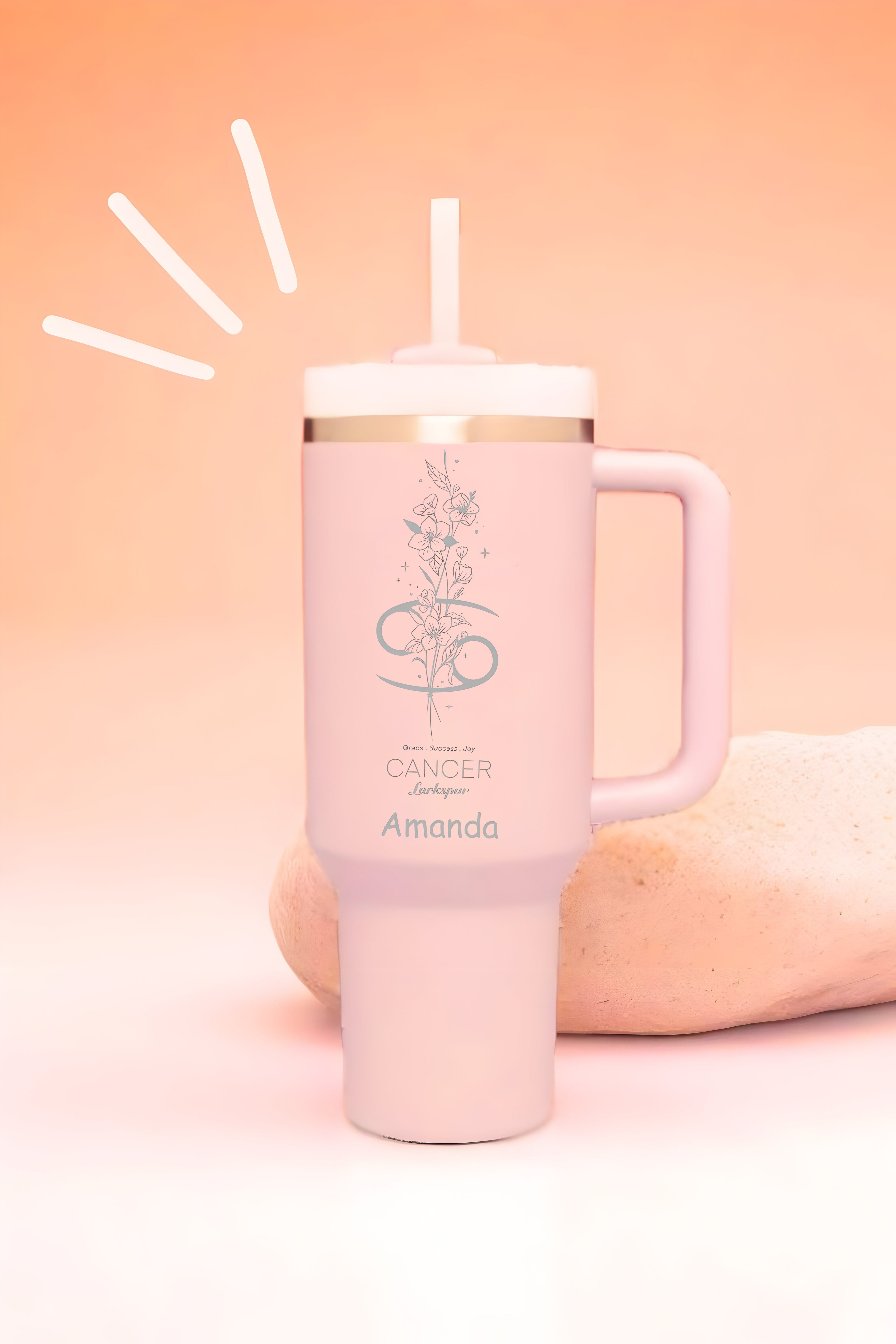 Personalized 40oz Tumbler with Handle, Zodiac Sign Birth Flower Tumbler, Custom Name Astrology Cup, Horoscope Floral Gift for Her