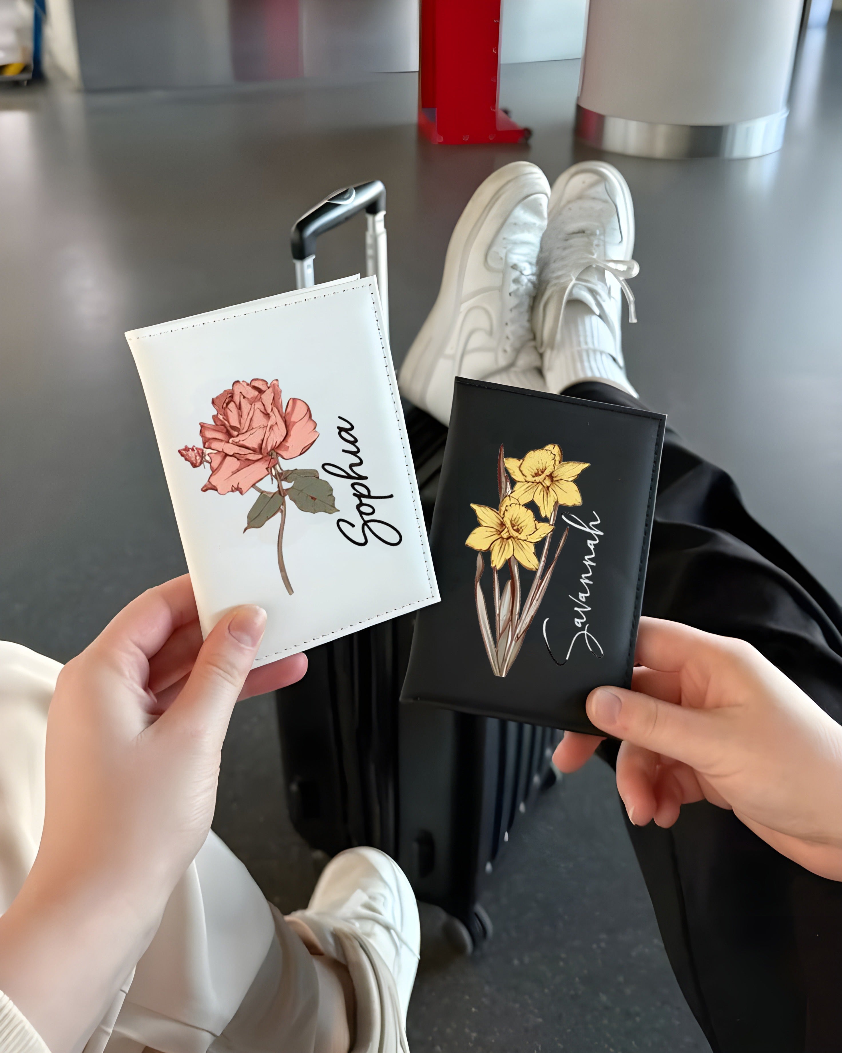 Personalized Leather Passport Cover, Custom Name Birth Flower Travel Wallet, Passport Holder, Gift for Women Travelers