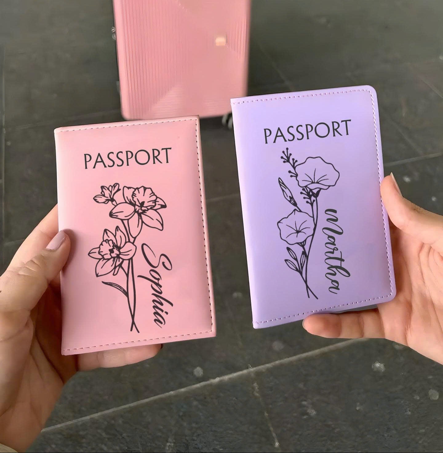 Personalized Birth Flower Leather Passport Cover, Custom Name Passport Holder, Floral Travel Wallet Gift for Women Travelers