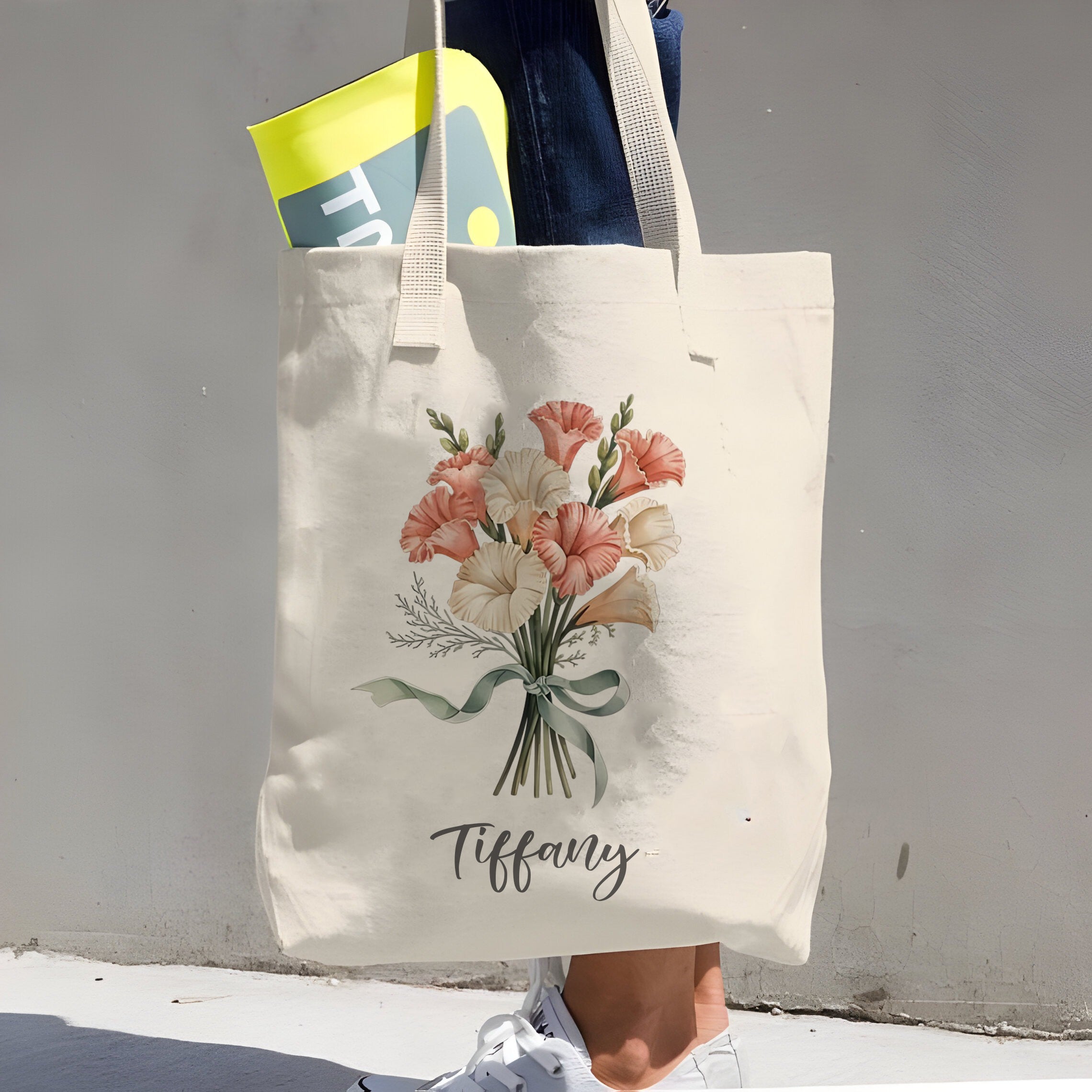 Personalized Birth Flower Tote Bag, Custom Name Canvas Bag, Monthly Bloom Floral Shopper, Birthday Gift, Bridesmaid Gift, Best Friend Gift