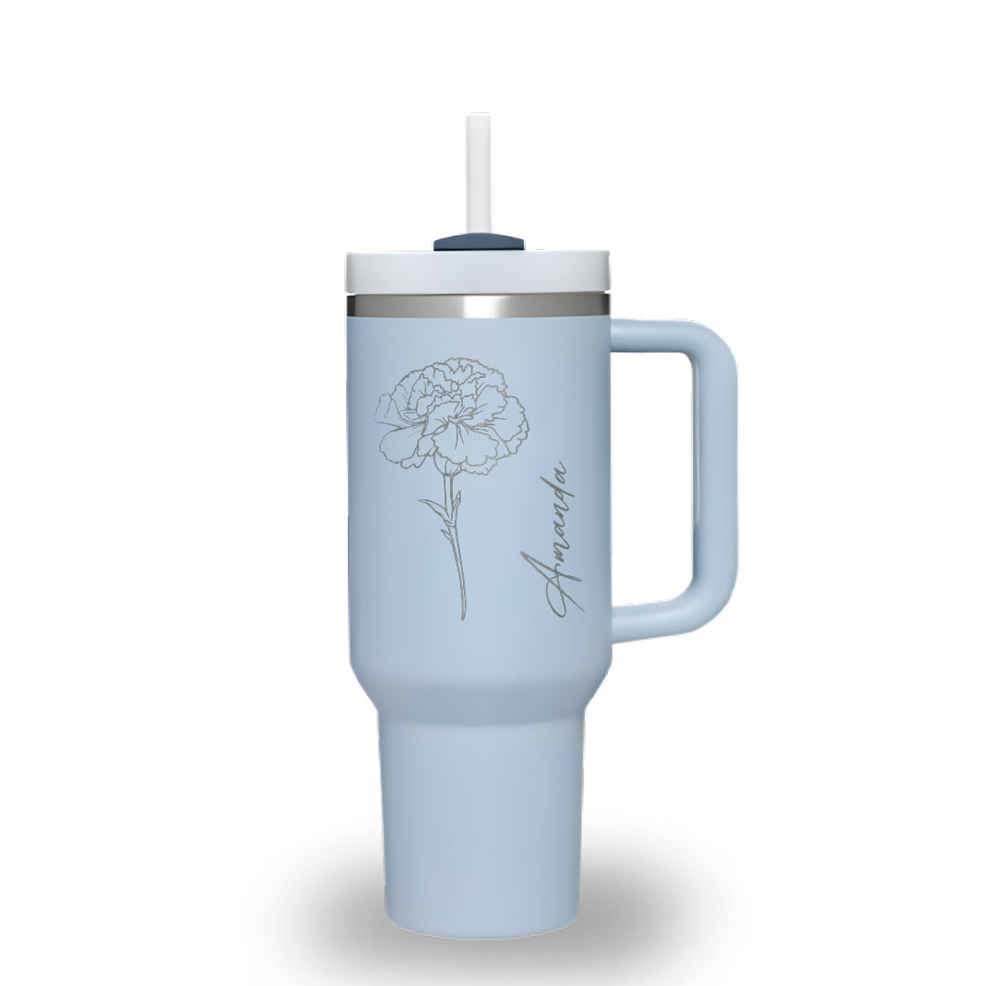 Personalized 40oz Tumbler with Handle, Birth Flower Tumbler with Straw, Custom Name Insulated Cup, Monthly Bloom Floral Gift, Birthday Gift, Bridesmaid Gift, Mother’s Day Gift, Christmas Gift