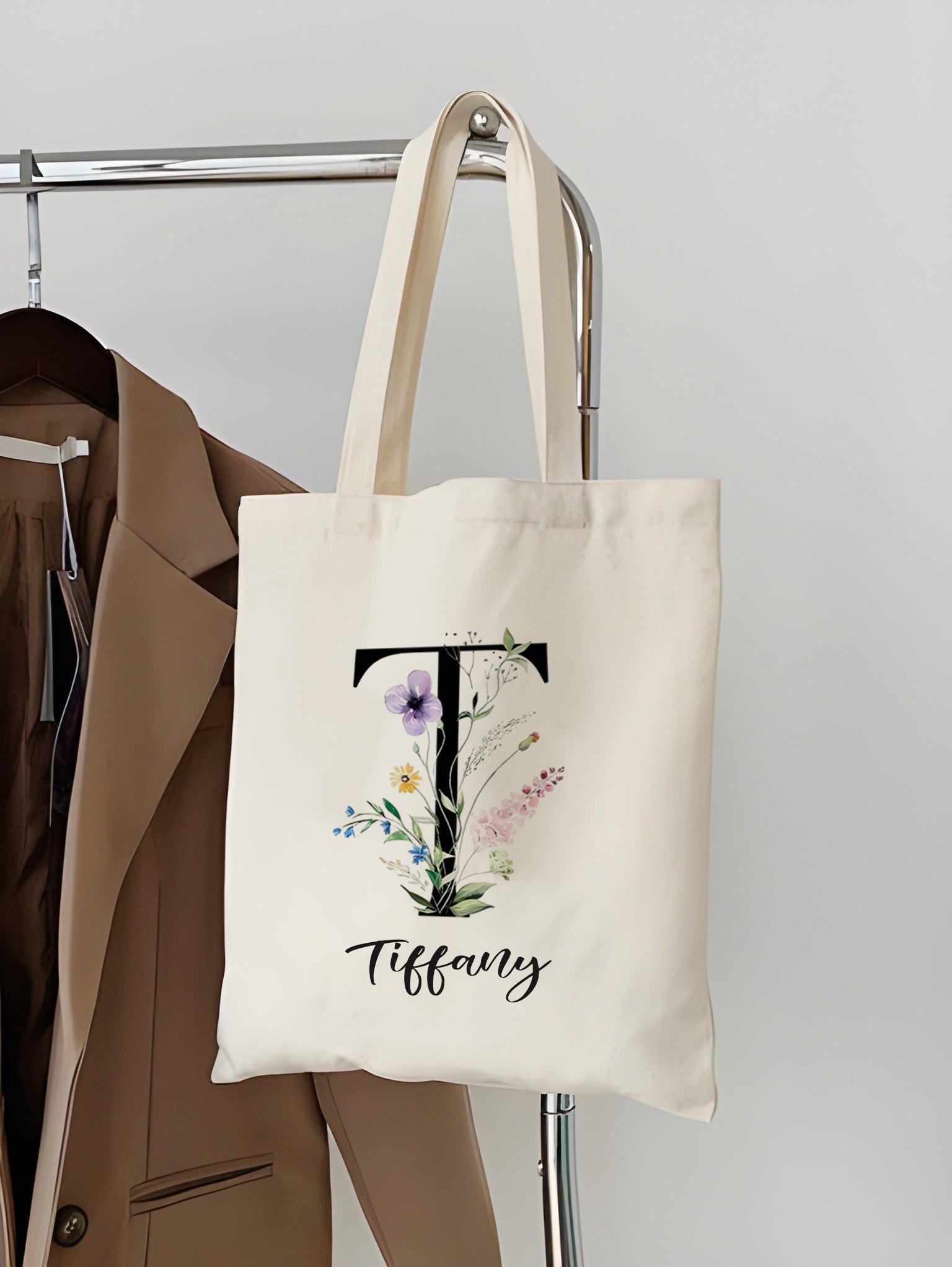 Personalized Flower Alphabet Tote Bag, Custom Initial Canvas Bag with Name, Floral Letter Shopper, Gift for Women, Bridesmaid, Best Friend