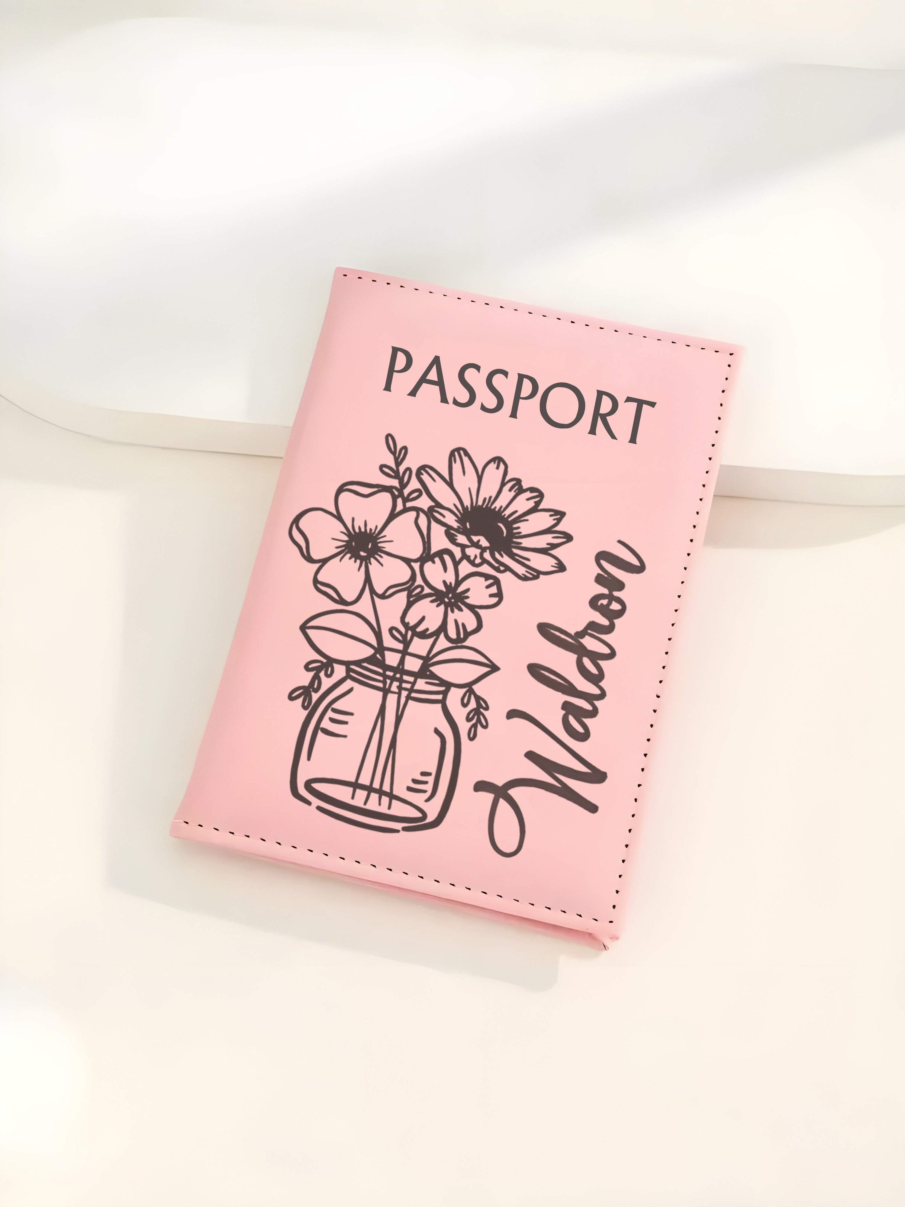 Personalized Flower with Name Passport Cover, Custom Birth Flower Leather Passport Holder, Travel Wallet Gift for Women