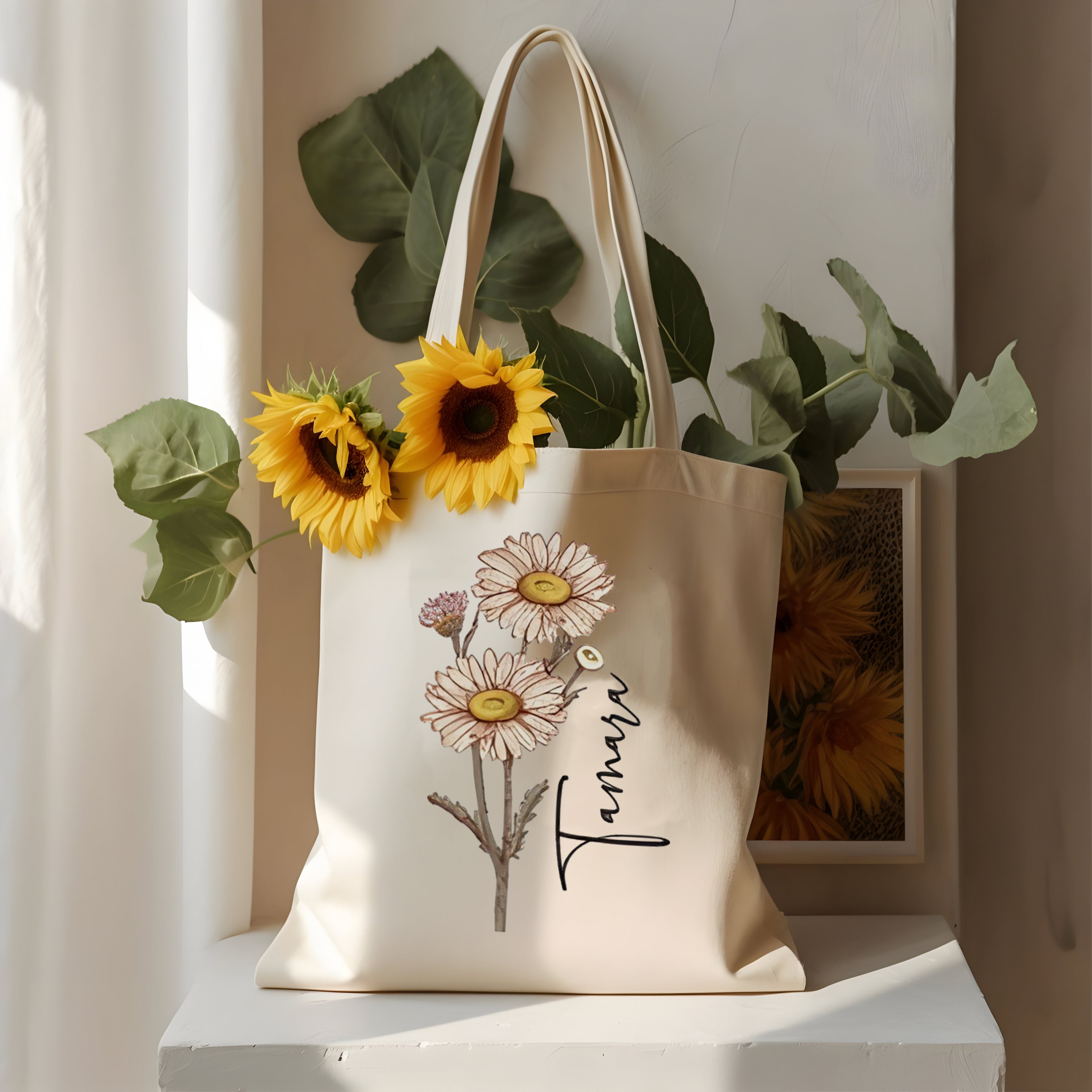 Personalized Birth Flower Tote Bag, Custom Name Canvas Bag, Monthly Bloom Floral Shopper, Birthday Gift, Bridesmaid Gift, Best Friend Gift