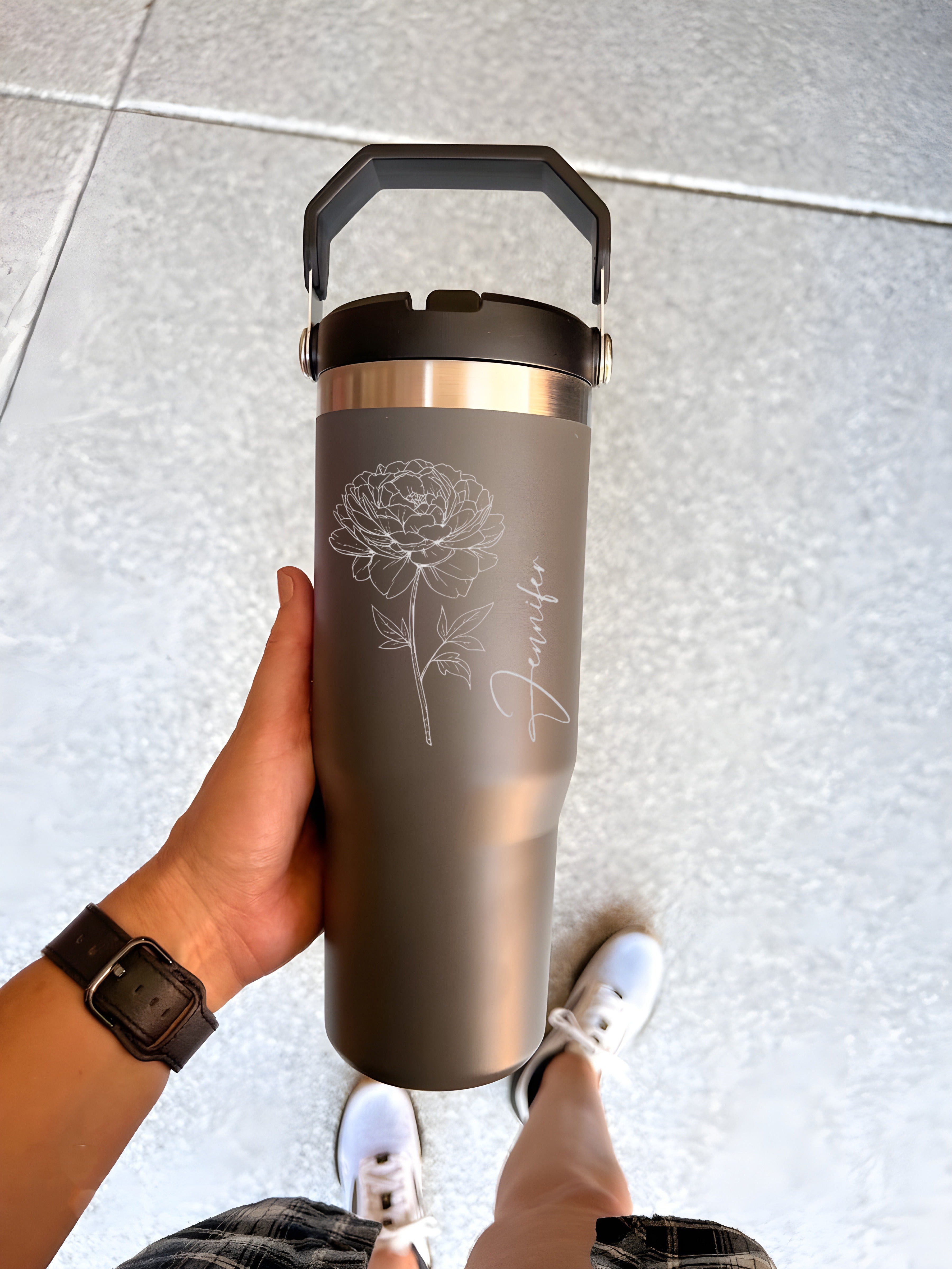 Personalized Birth Flower Flip Straw Tumbler with Handle, Custom Name 40oz Cup, November Peony Monthly Bloom Engraved Mug, Birthday Gift for Her