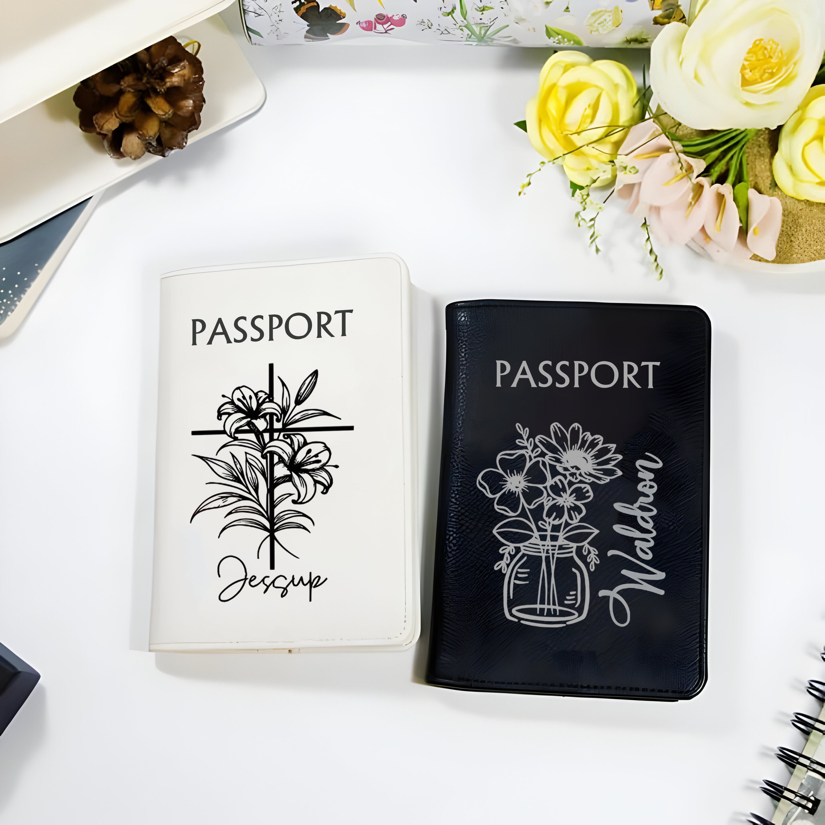 Personalized Flower with Name Passport Cover, Custom Birth Flower Leather Passport Holder, Travel Wallet Gift for Women